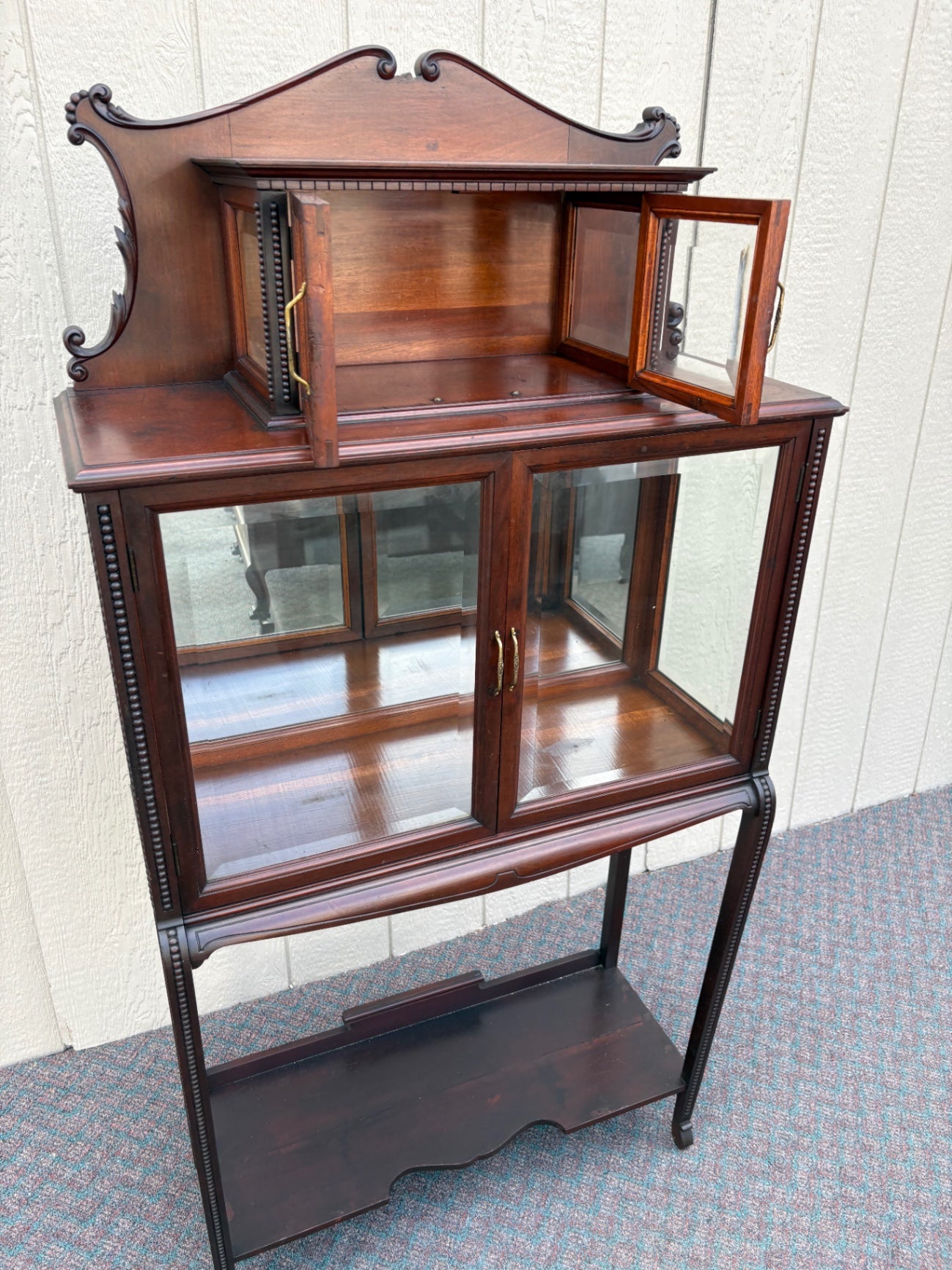 67820 Antique Mahogany Curio Cabinet with Glass Doors and Shelves