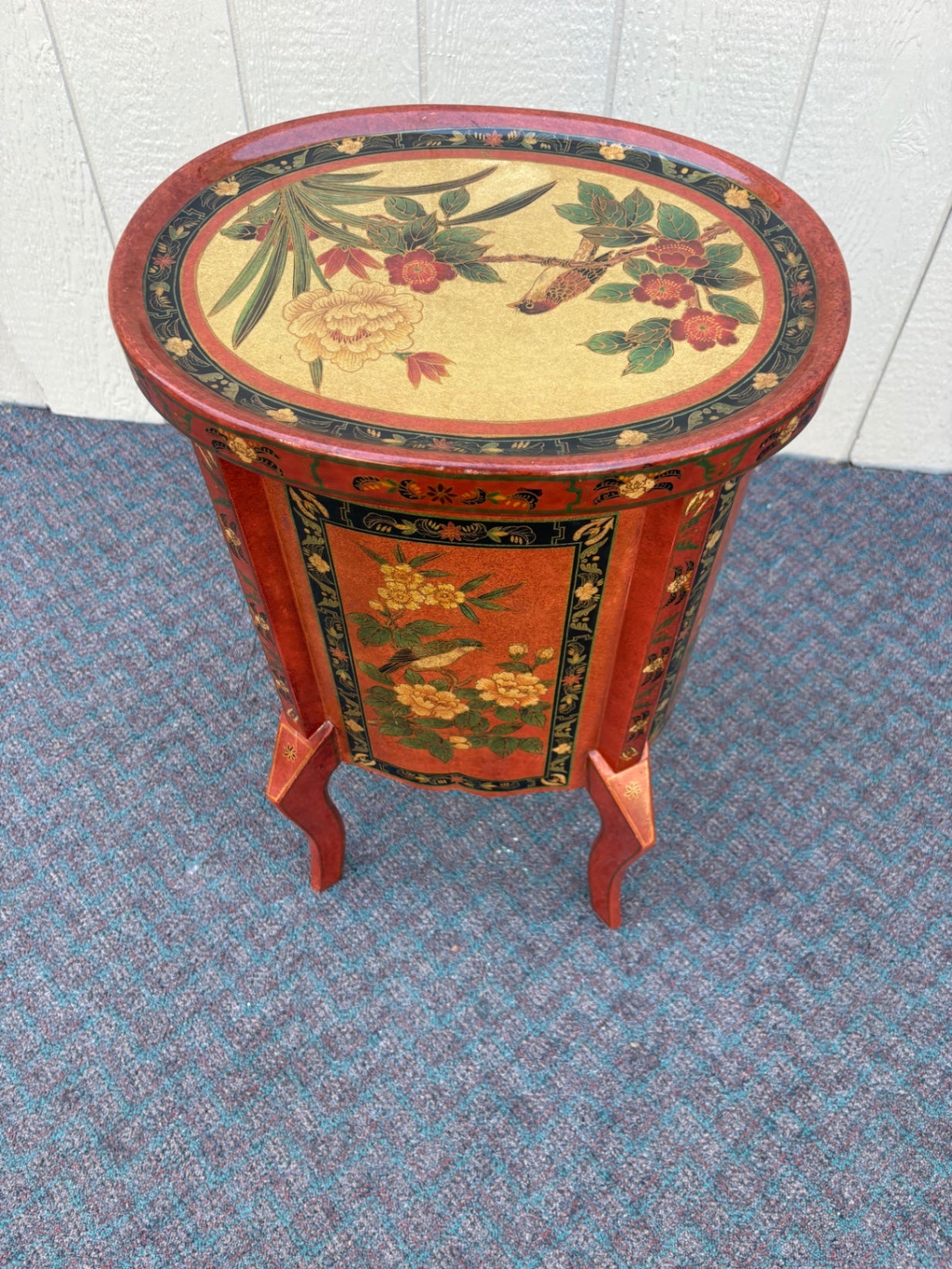 67855  Hand-Painted Oval Accent Table with Floral and Bird Motif
