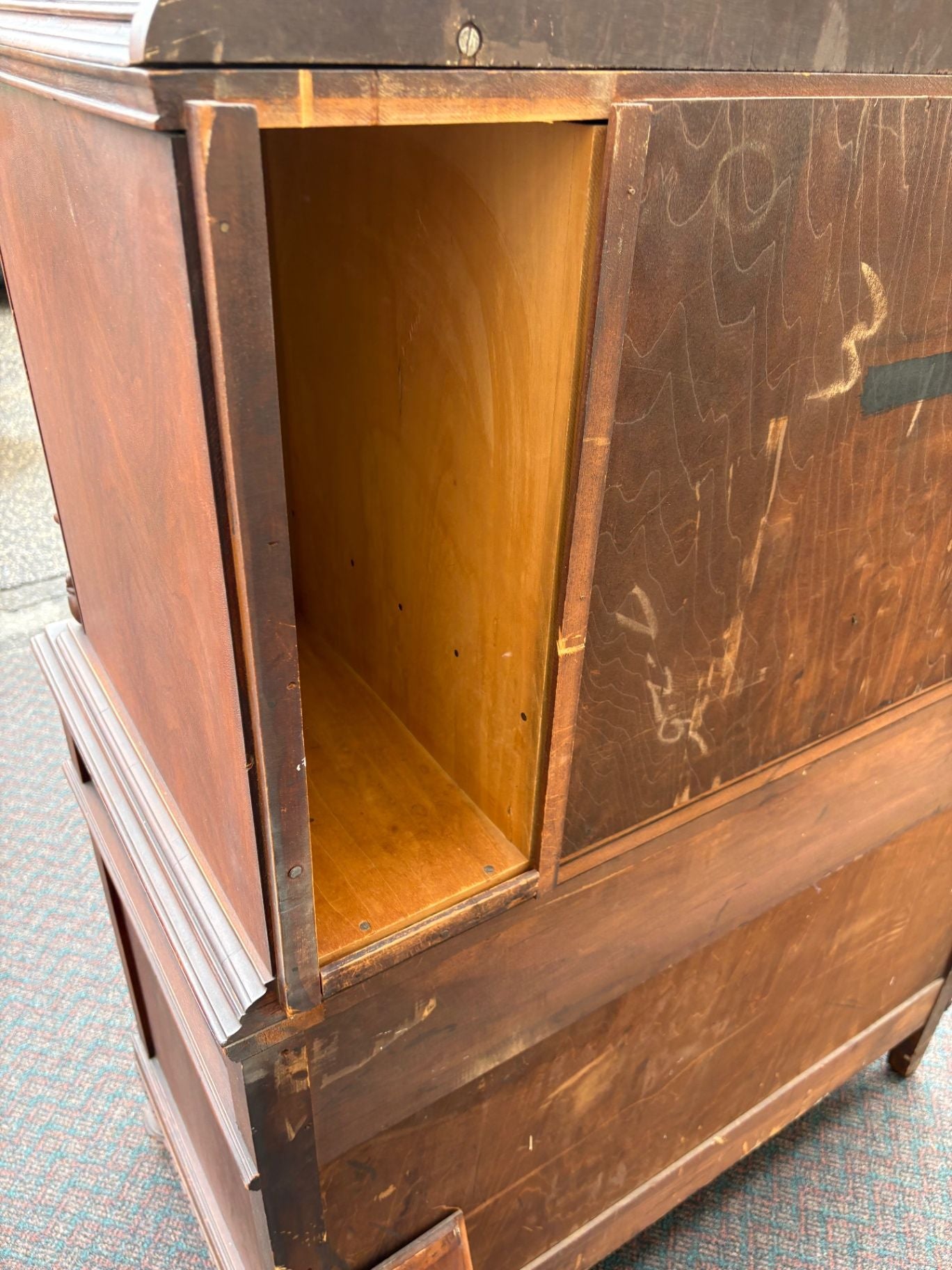 67535 Antique Walnut High Chest with Intricate Carvings and Secret Compartment