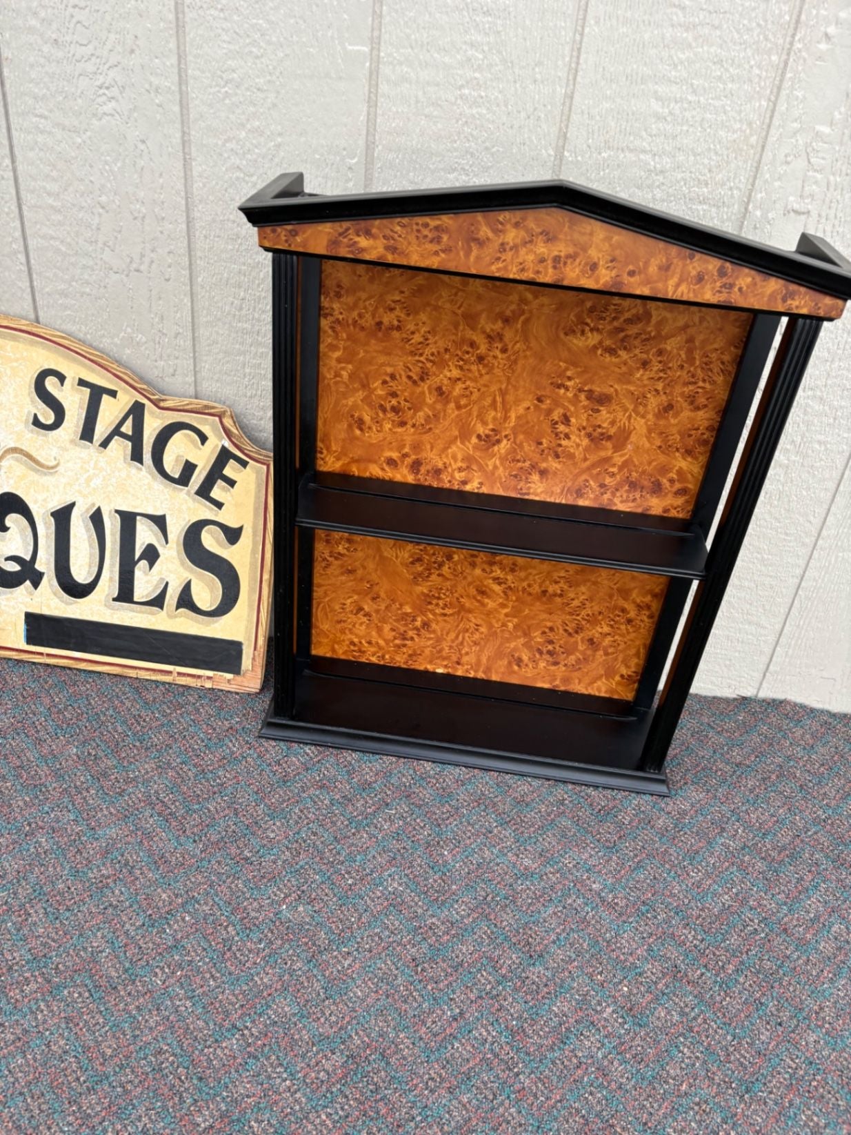 67420 Vintage Burled Wood Wall Shelf with Black Trim