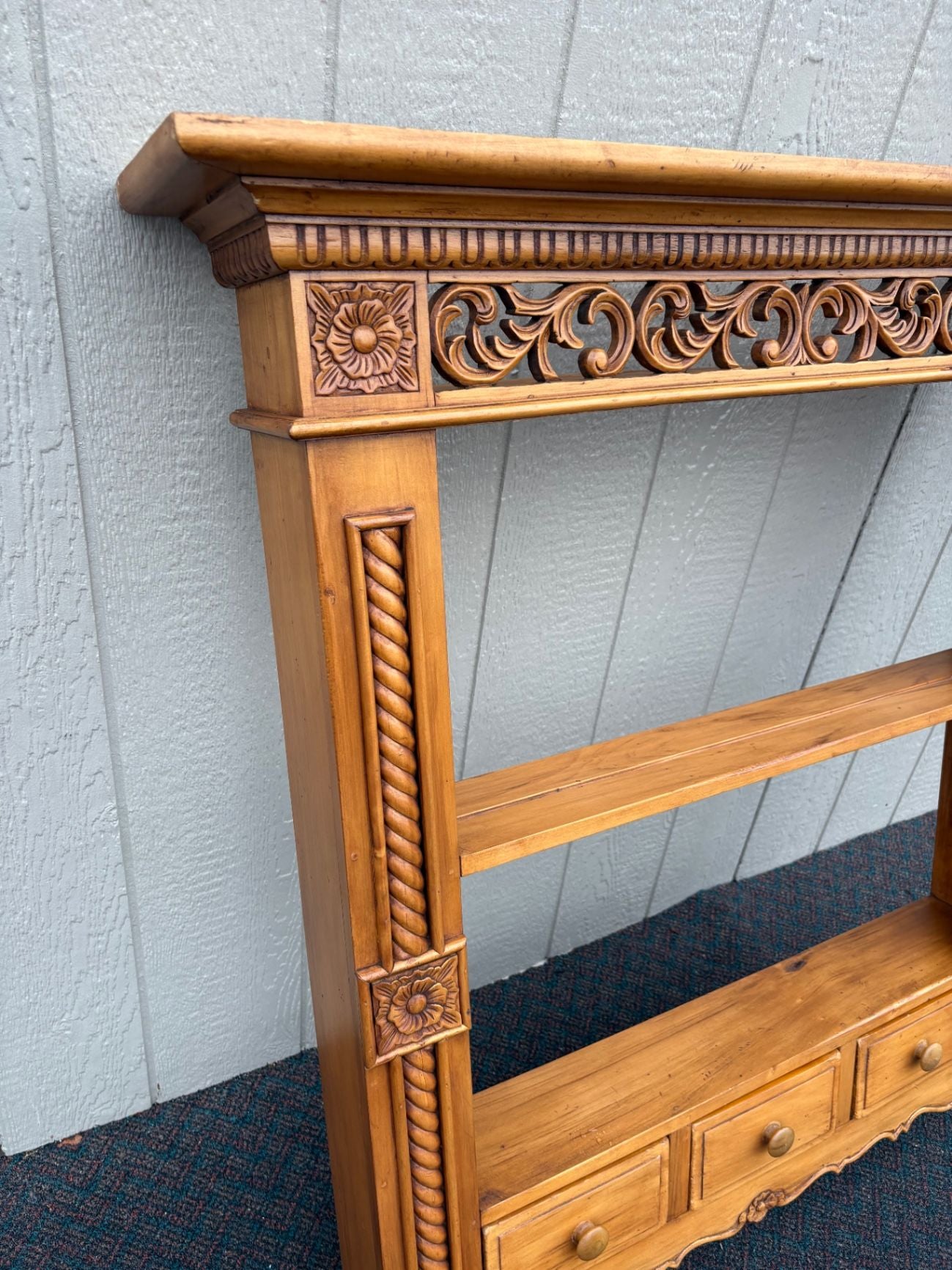 67550 Hand-Carved Wood Wall Shelf with Drawers, Ornate Vintage Style