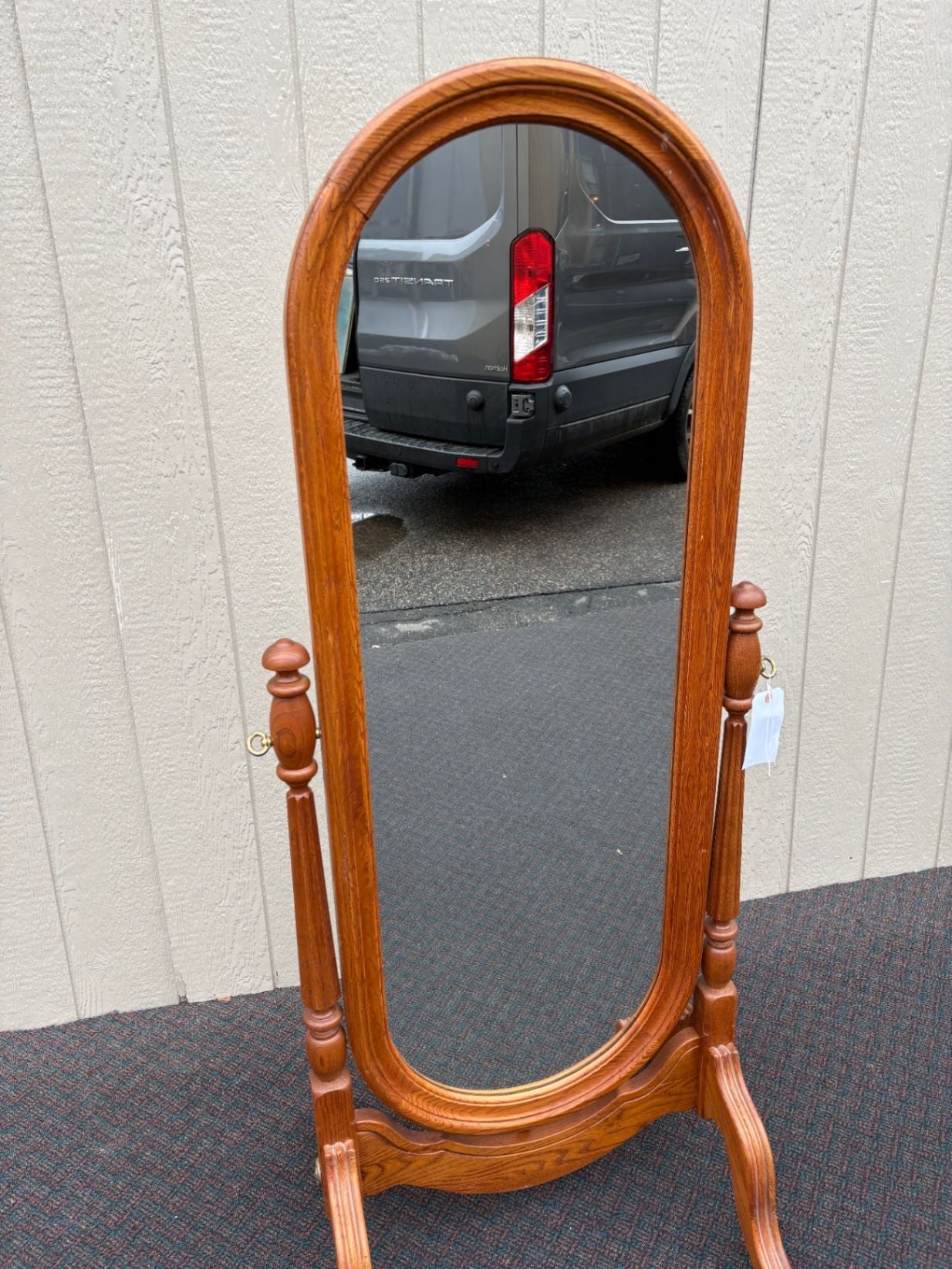 66934  Elegant Oak Cheval Mirror with Turned Supports and Oval Glass