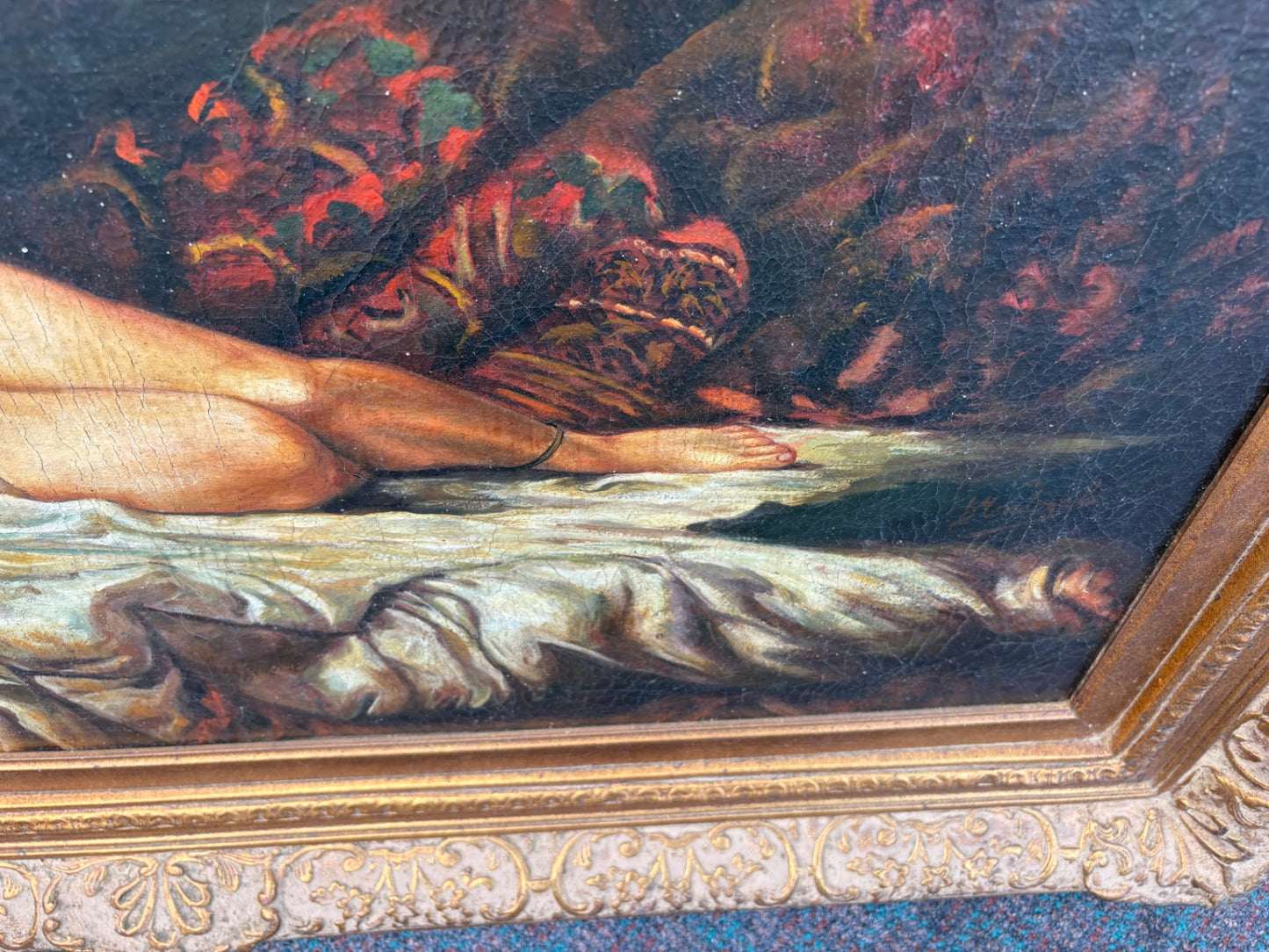 68039 Large 19th Century Classical Nude Oil Painting in Ornate Frame