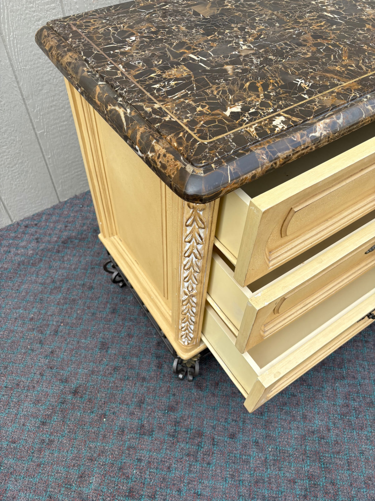 68078 Vintage French Provincial Marble Top Chest with Ornate Detailing
