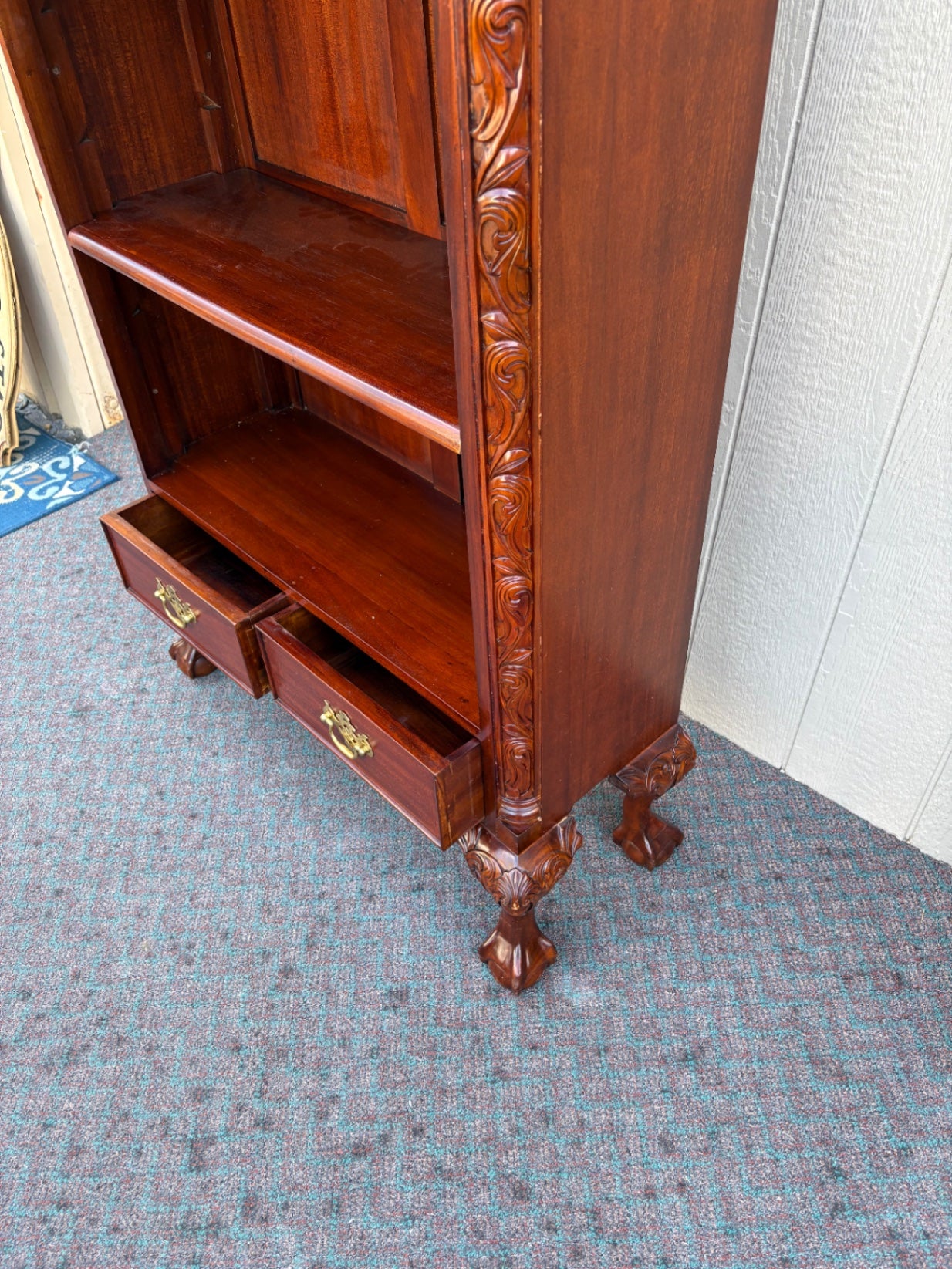 67941 Ornate Mahogany Chippendale Bookcase with Claw Feet and Drawers