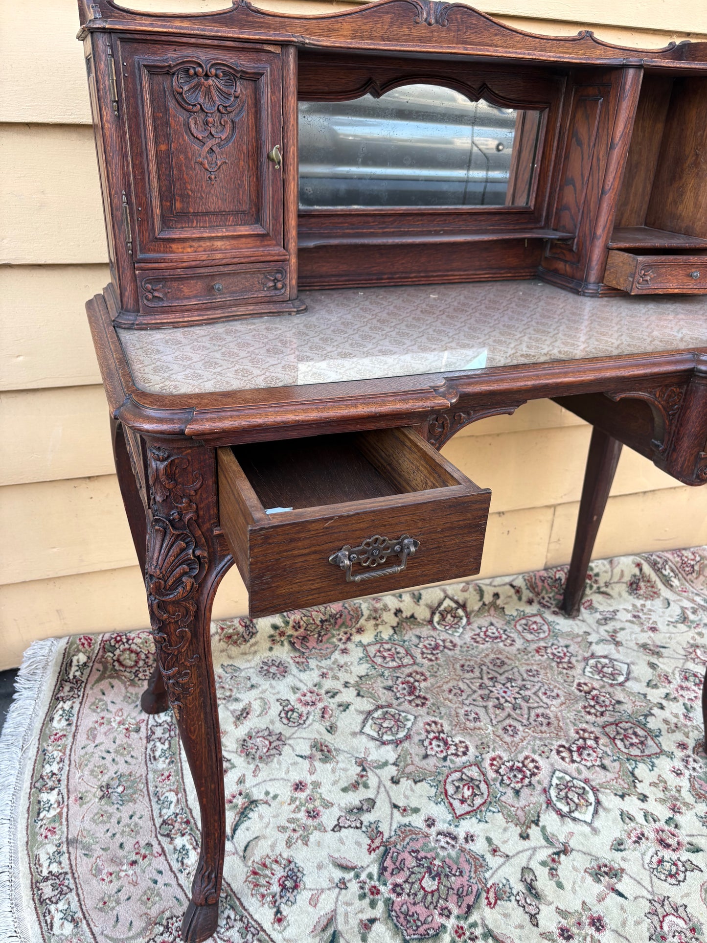 67783 Antique French Louis XV Style Oak Writing Desk with Mirror