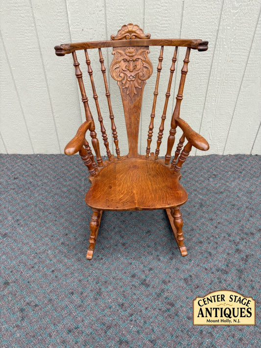 67925 Antique Oak Lion's Head Carved Rocking Chair with Spindle Back