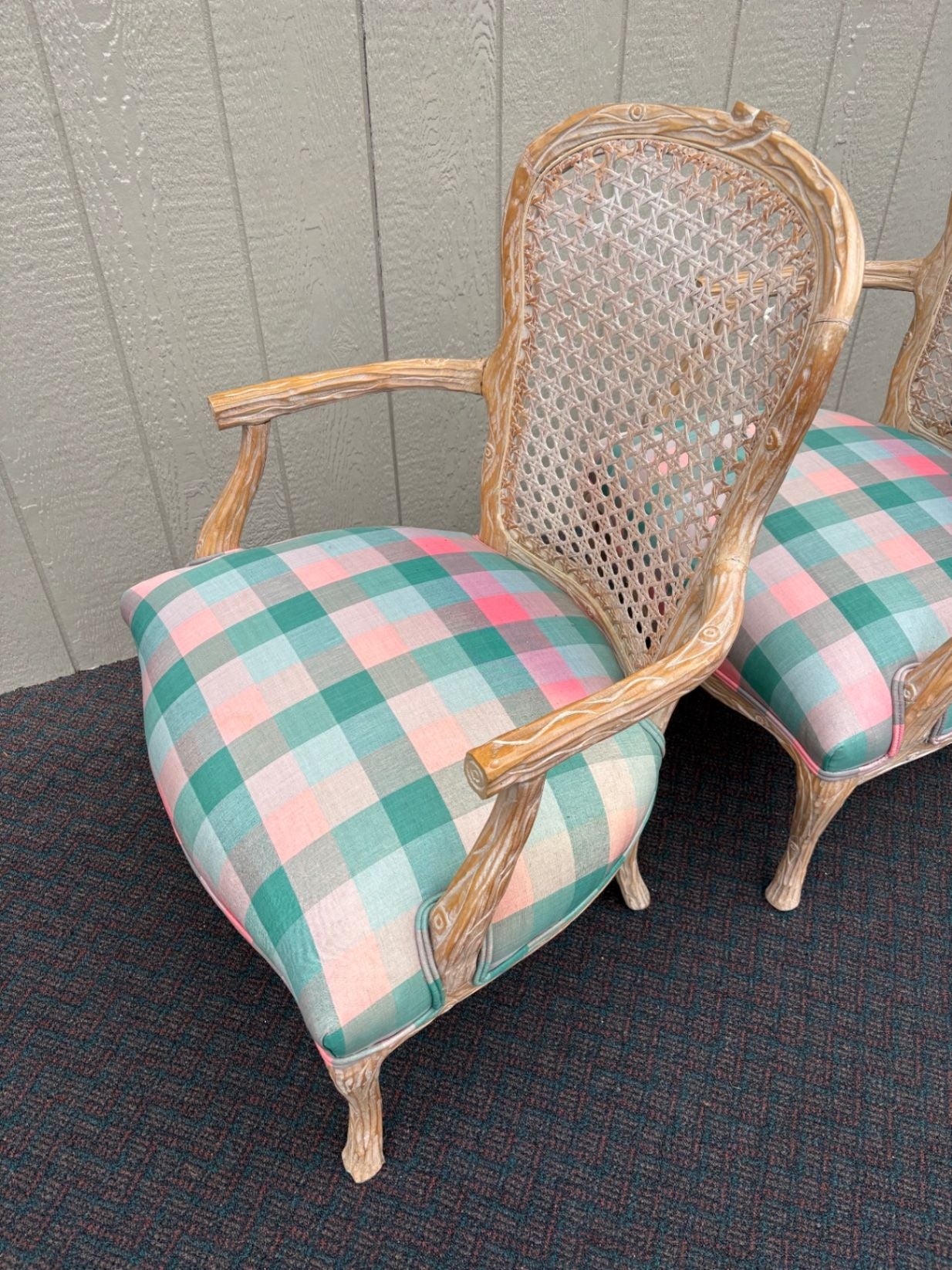 67549 Pair of French Provincial Caned Armchairs with Plaid Upholstery