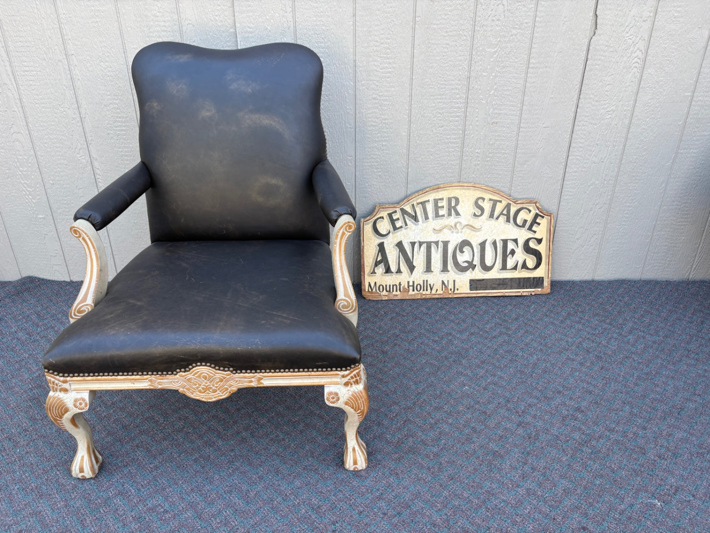 67854 Ornate Baroque Style Leather Armchair with Carved Wood Frame