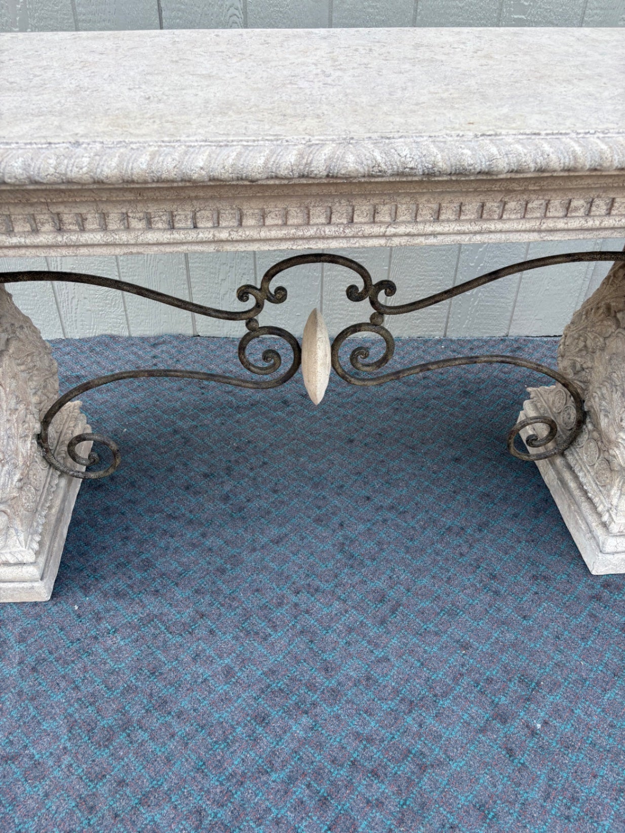 68079 Elegant Classical Cement Console Table with Ornate Ironwork