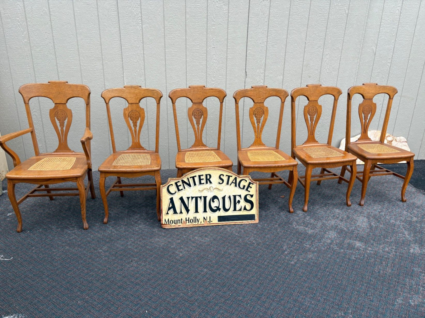 67360 Set of 6 Oak Dining Chairs, Queen Anne Style with Cane Seats
