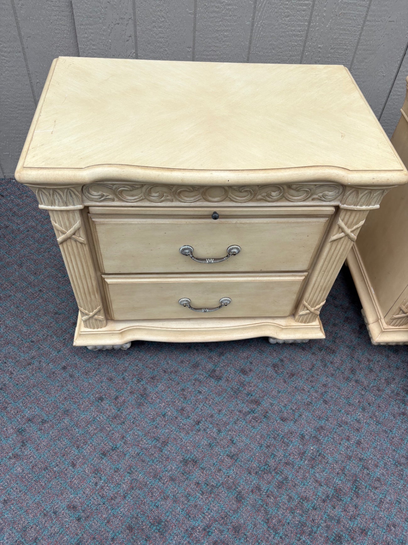 67958 Pair of Vintage Carved Nightstands with Two Drawers in Cream Finish