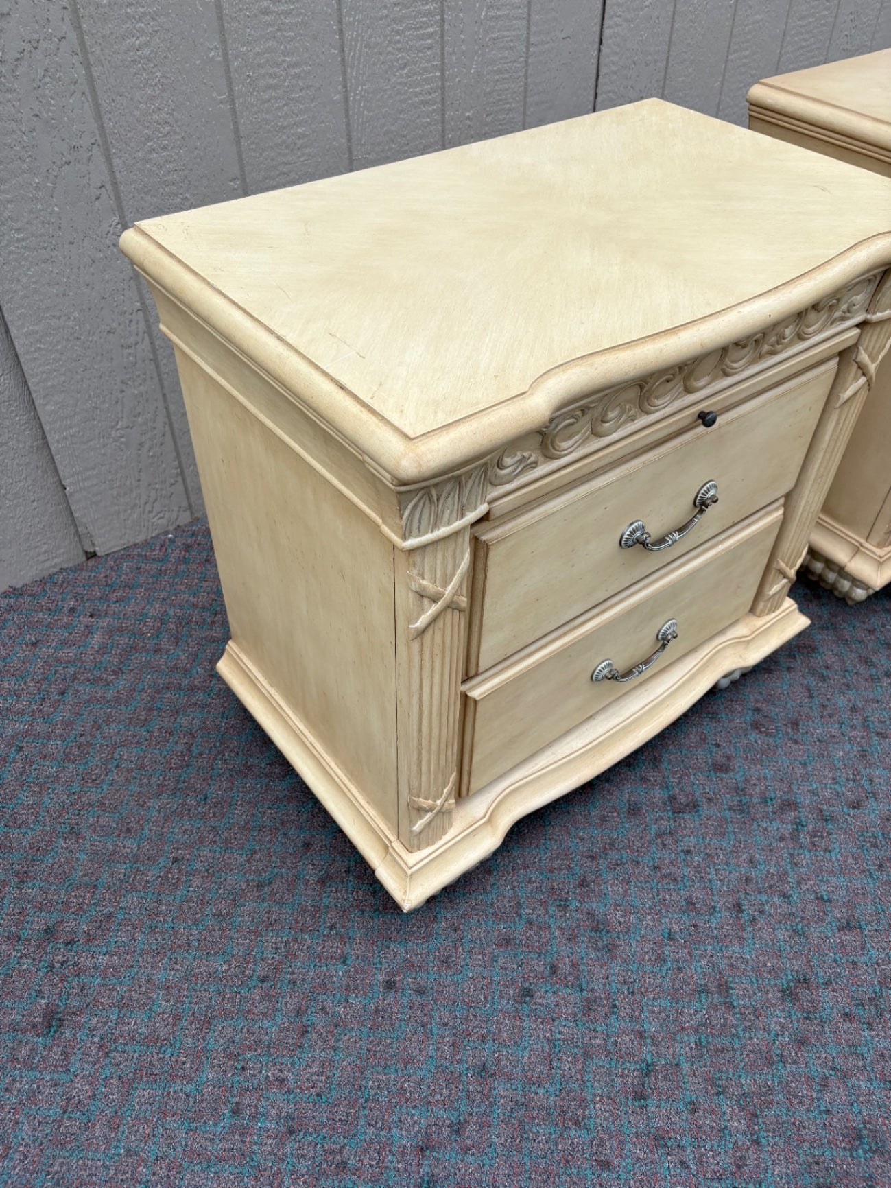 67958 Pair of Vintage Carved Nightstands with Two Drawers in Cream Finish