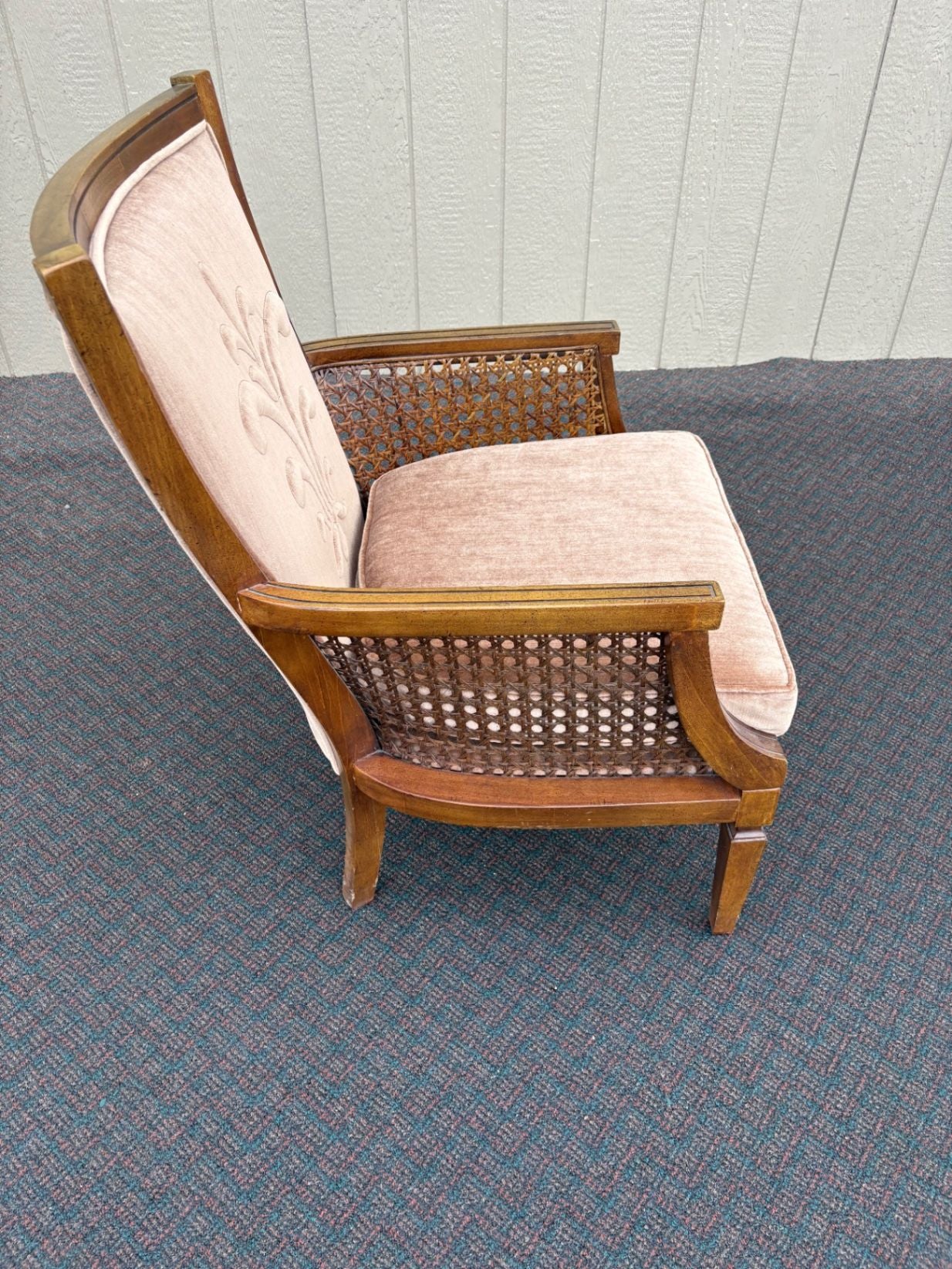 67510 Mid-Century Modern Cane Back Armchair with Velour Upholstery