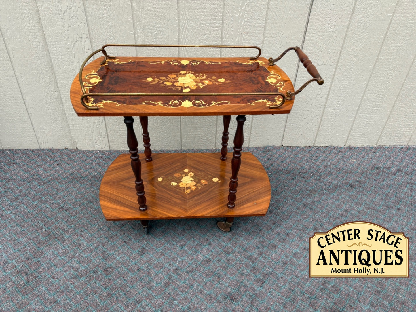 Italian Inlaid Wood Bar Cart with Floral Marquetry and Brass Accents