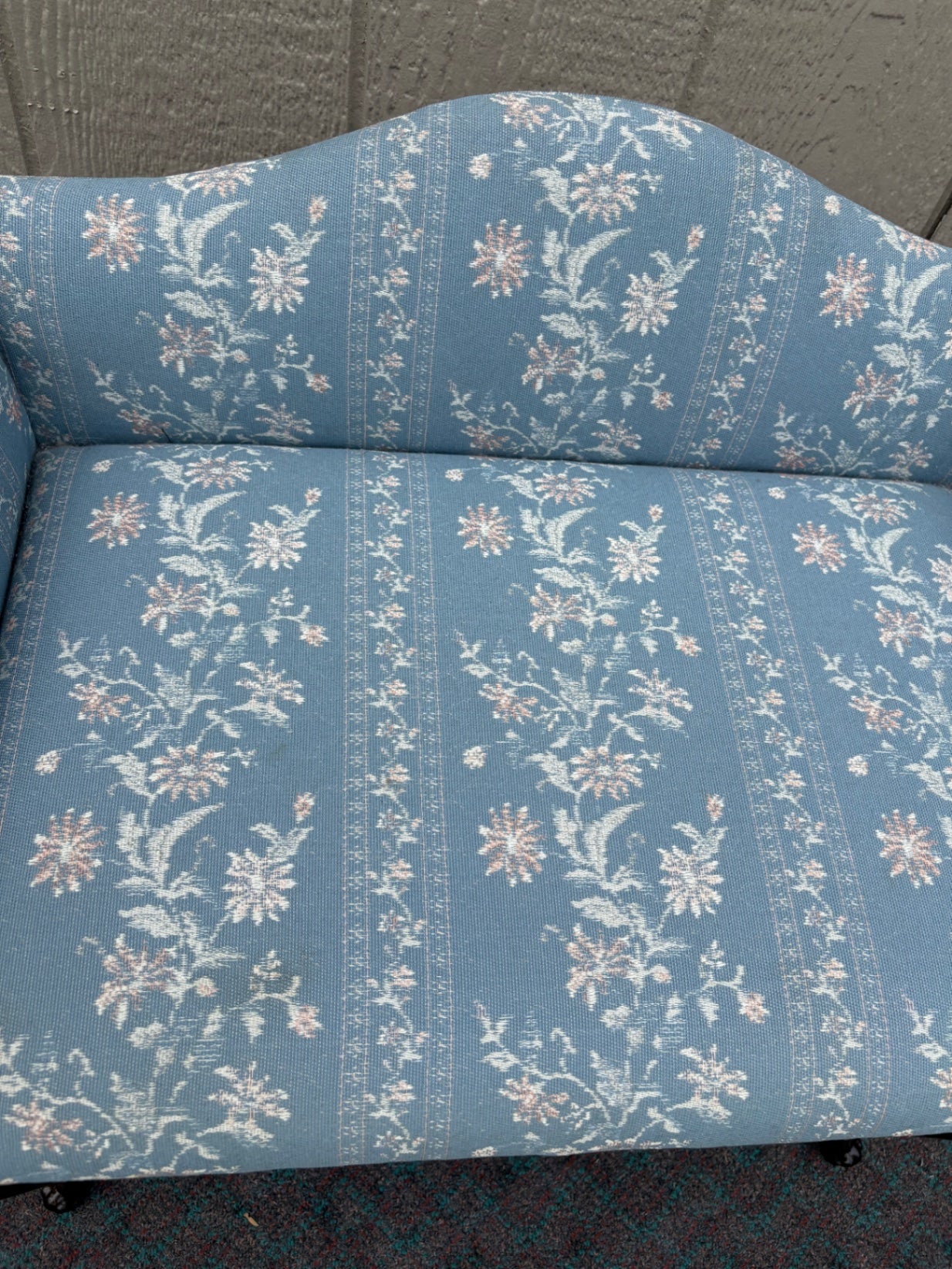 Vintage Carved Mahogany Vanity Bench with Blue Floral Upholstery
