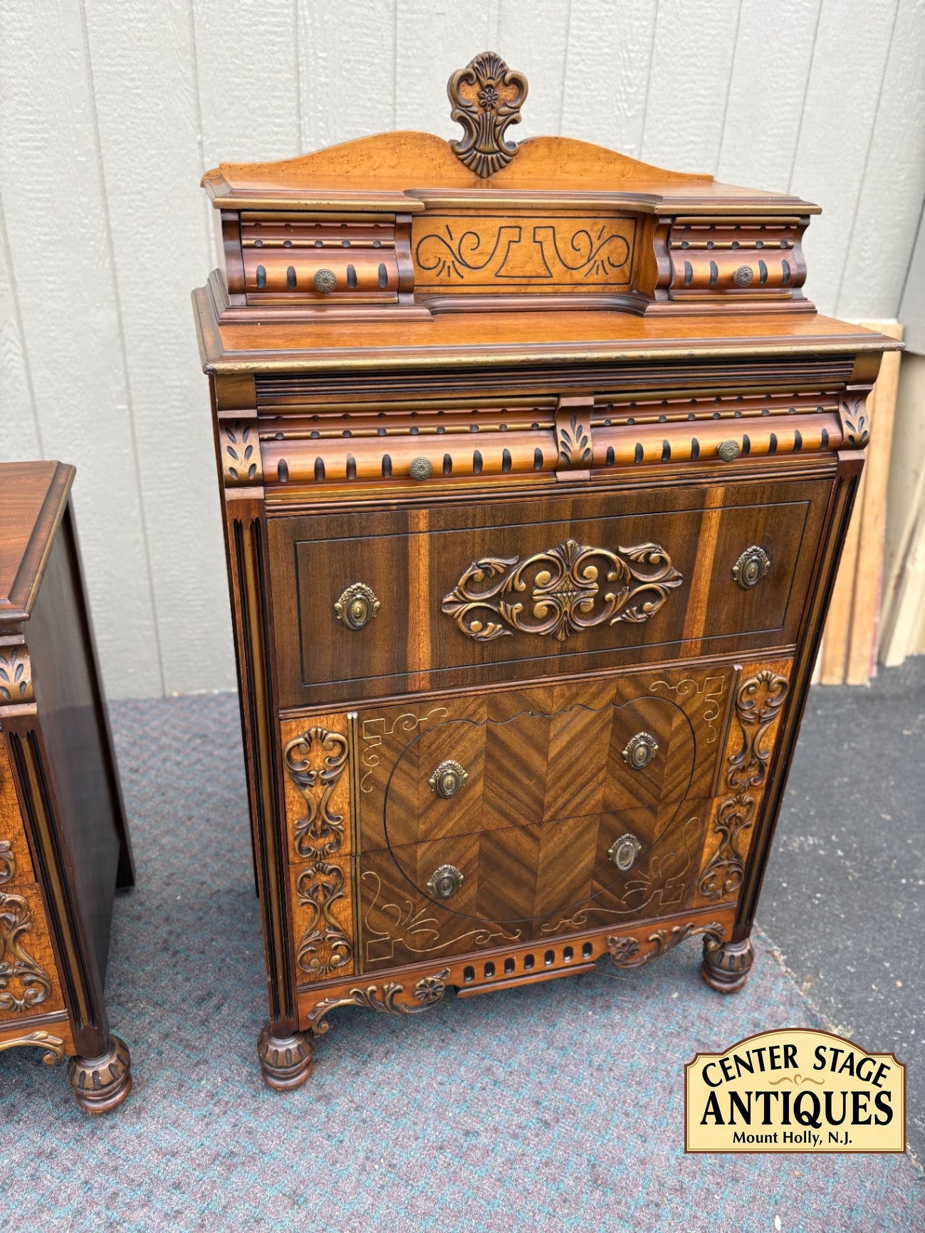 67898  Art Deco High Chest with Intricate Carved Details and Veneer