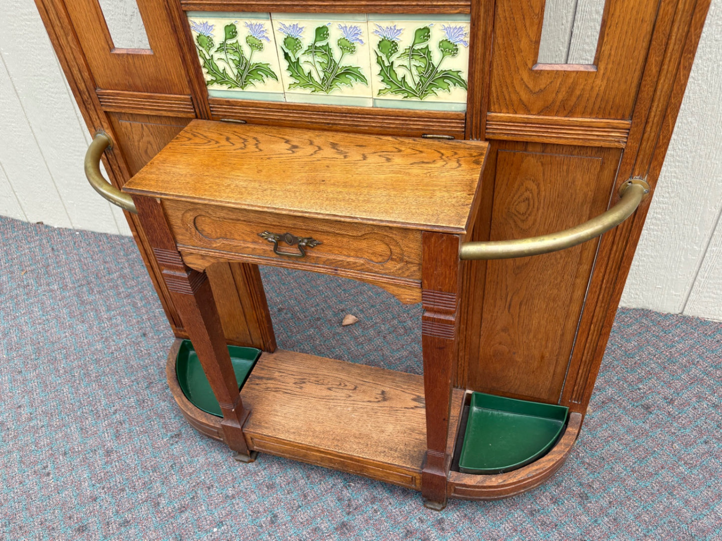 67899 Victorian Oak Hall Tree with Mirror and Ceramic Tile Inlays