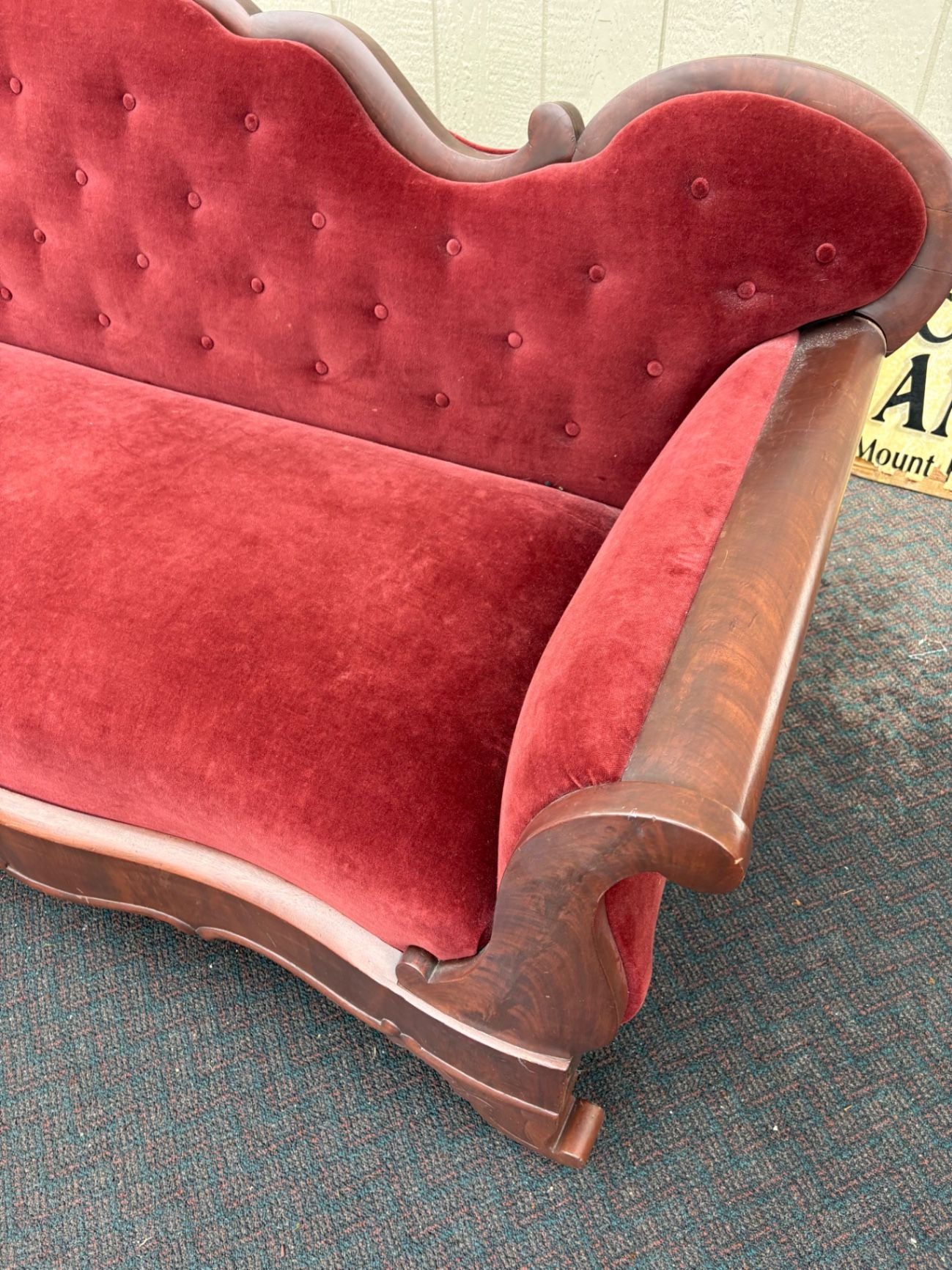 67490  Antique Empire Sofa with Red Velvet Upholstery and Carved Wood
