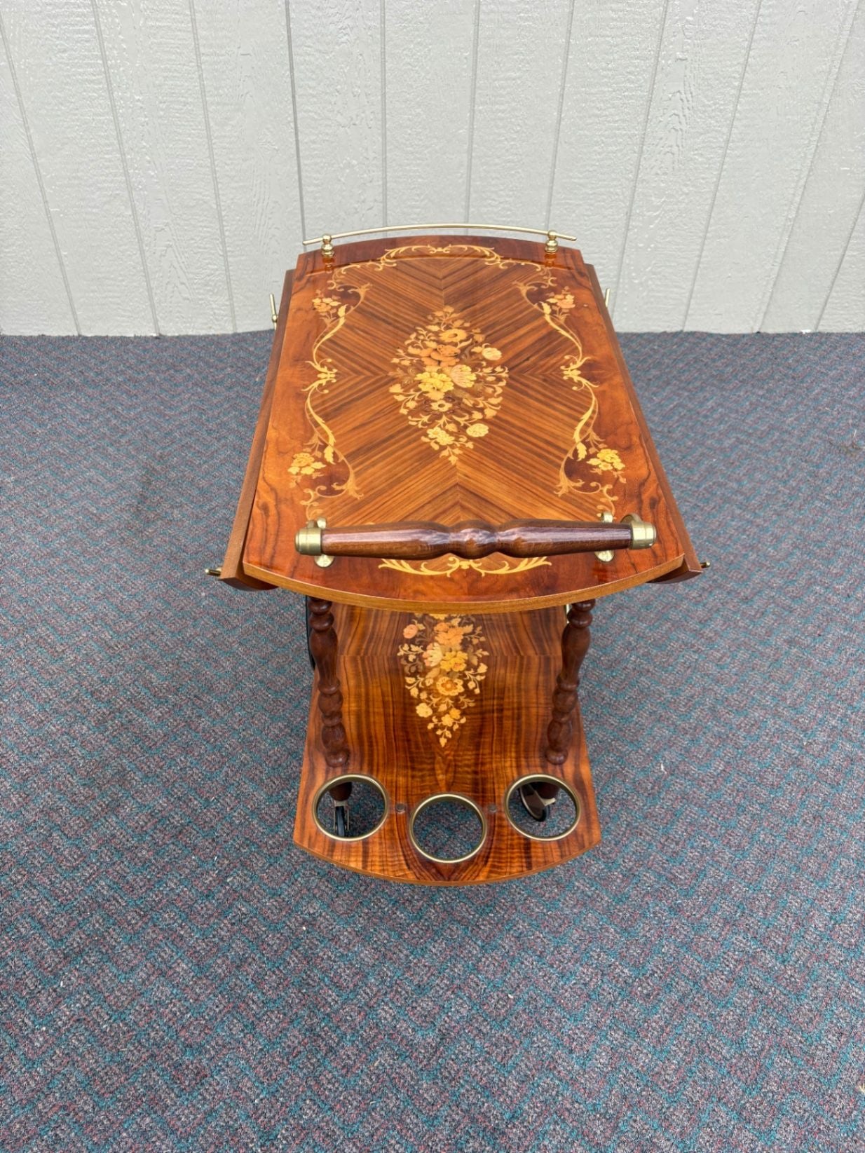 67588  Italian Inlaid Wood Tea Cart with Floral Marquetry and Brass Accents