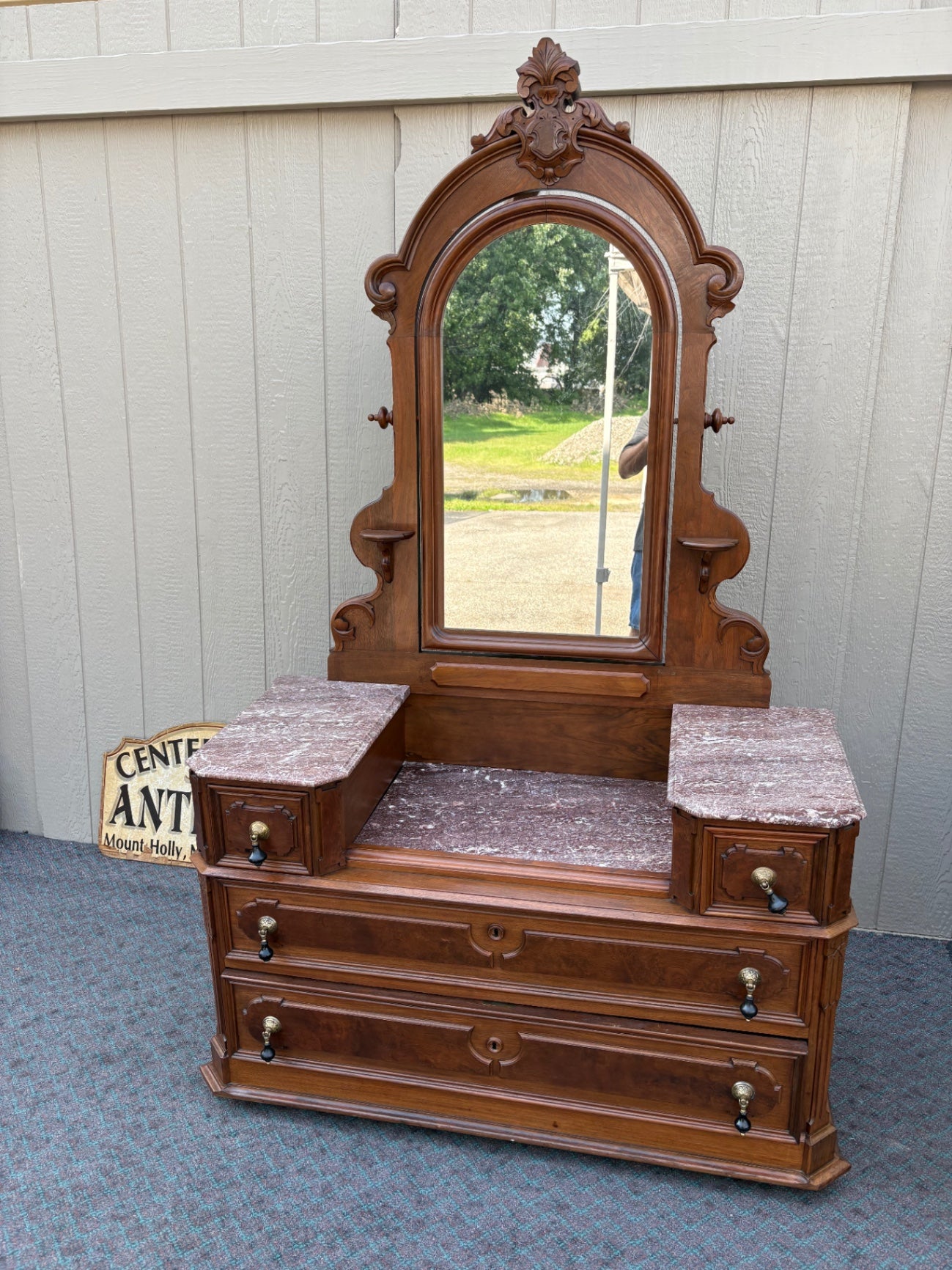68016 Victorian Marble Top Dresser with Ornate Mirror and Drawers