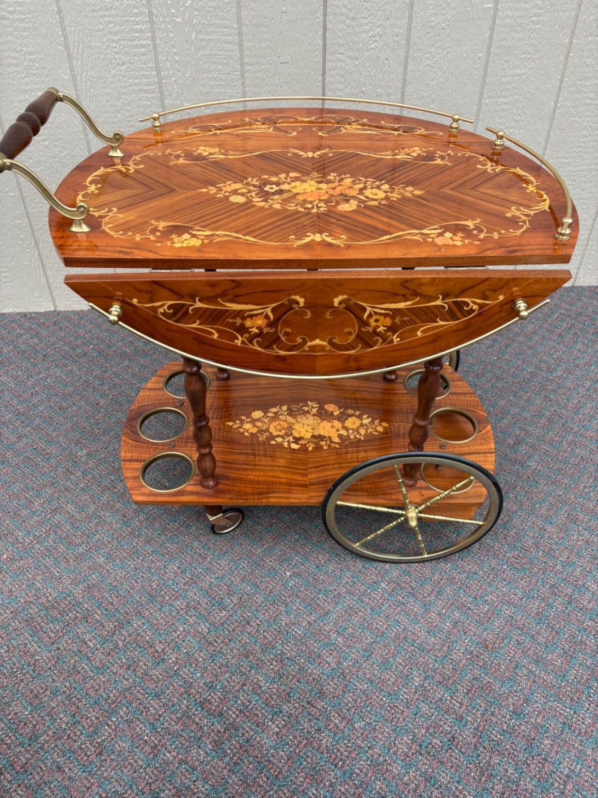 67588  Italian Inlaid Wood Tea Cart with Floral Marquetry and Brass Accents