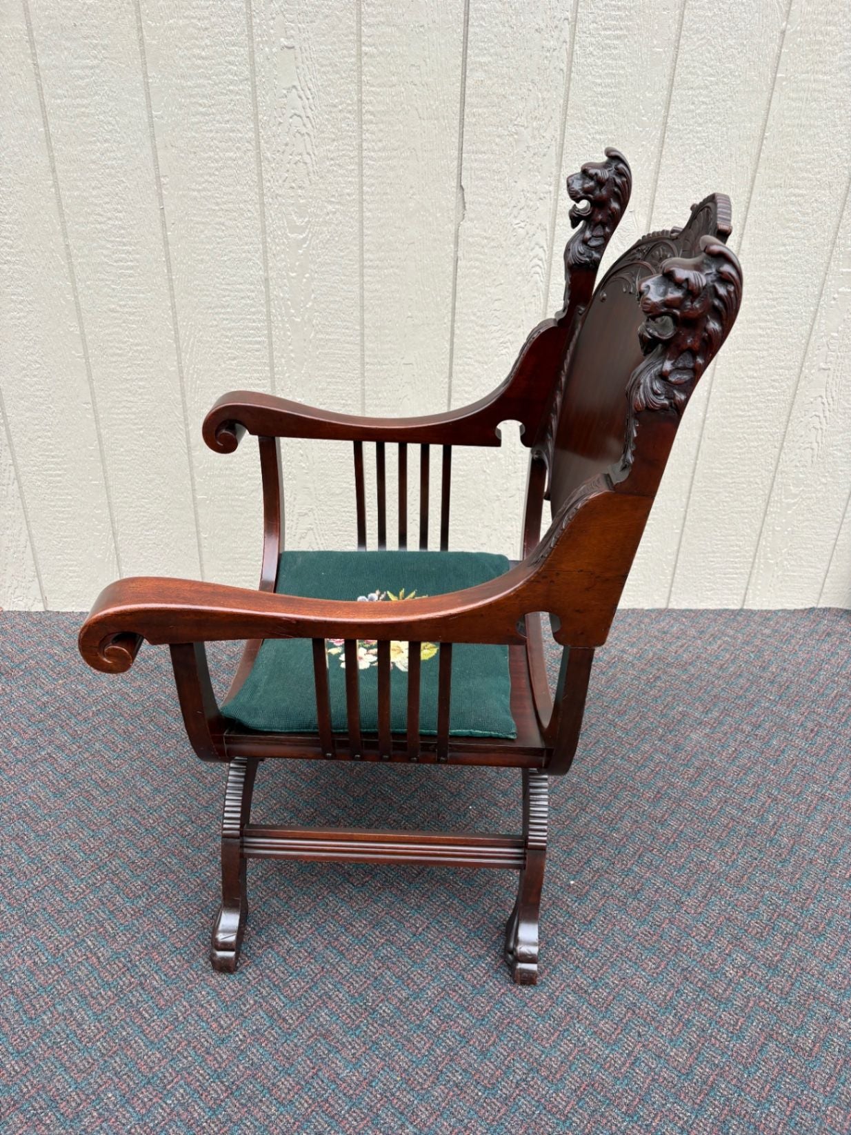 67546 Victorian Mahogany Lion Armchair with Intricate Carvings