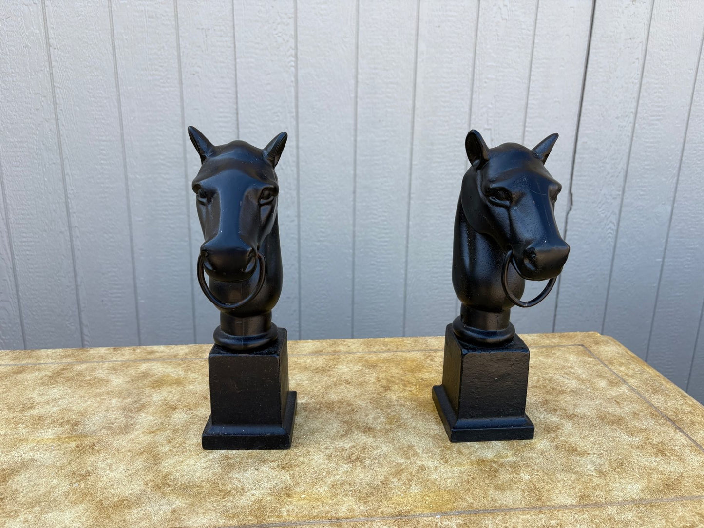 67592 Pair of Vintage Cast Iron Horse Head Sculptures with Rings