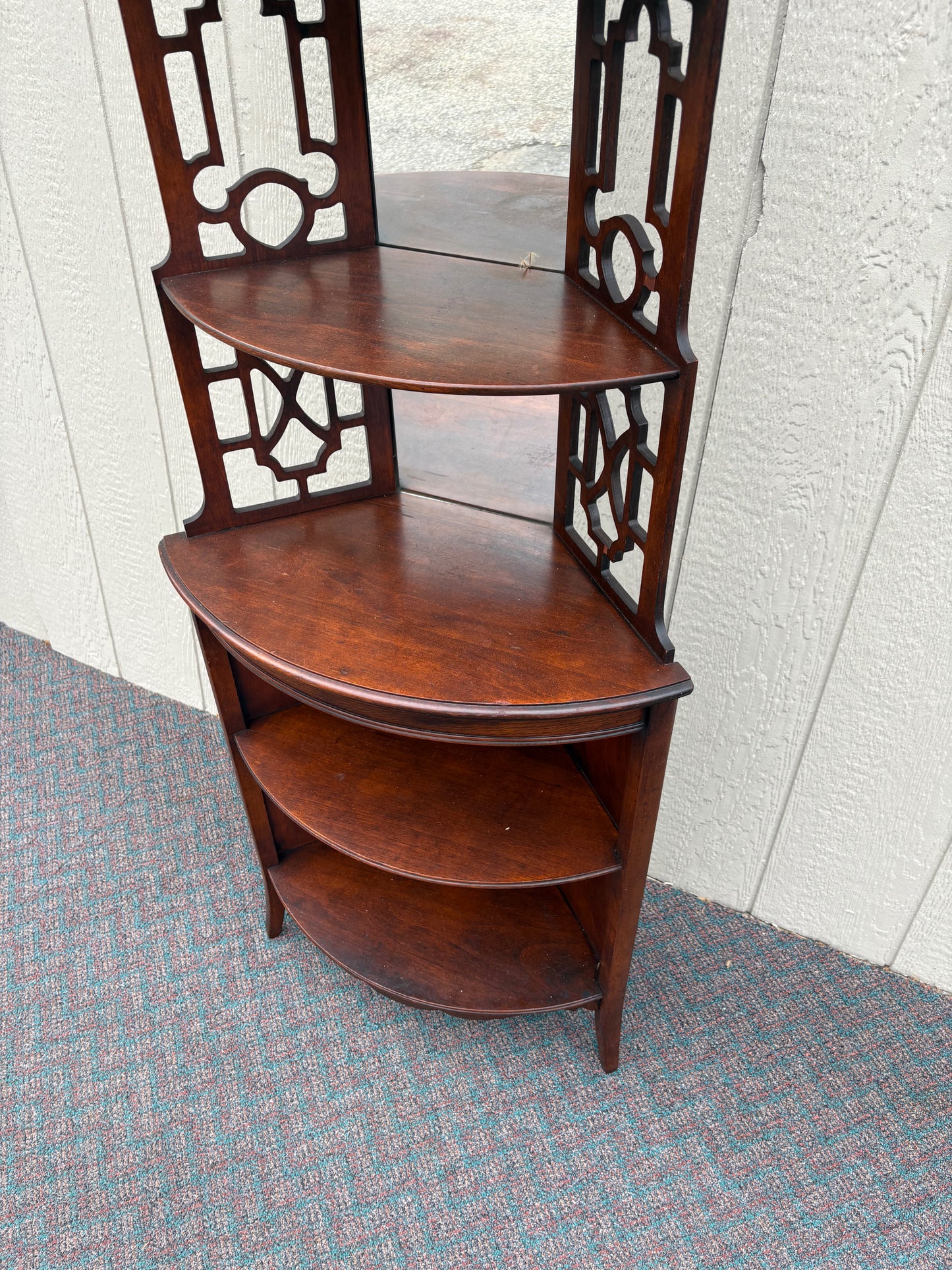 67739 Antique Mahogany Corner Shelf with Ornate Openwork Design