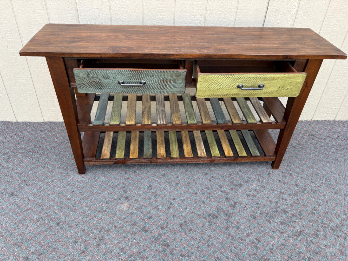 67990 Rustic Wood Console Table with Multi-Color Drawers and Shelves