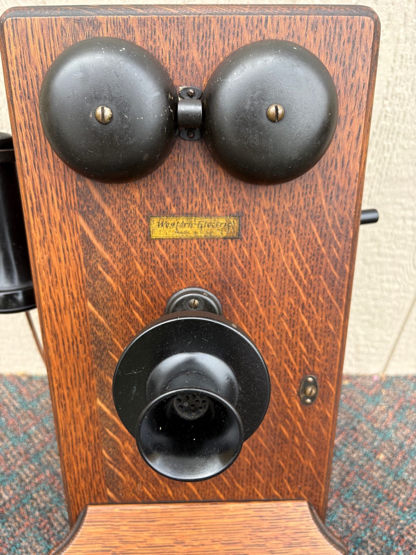 67690 Antique Western Electric Oak Wall Phone with Crank, Early 1900s