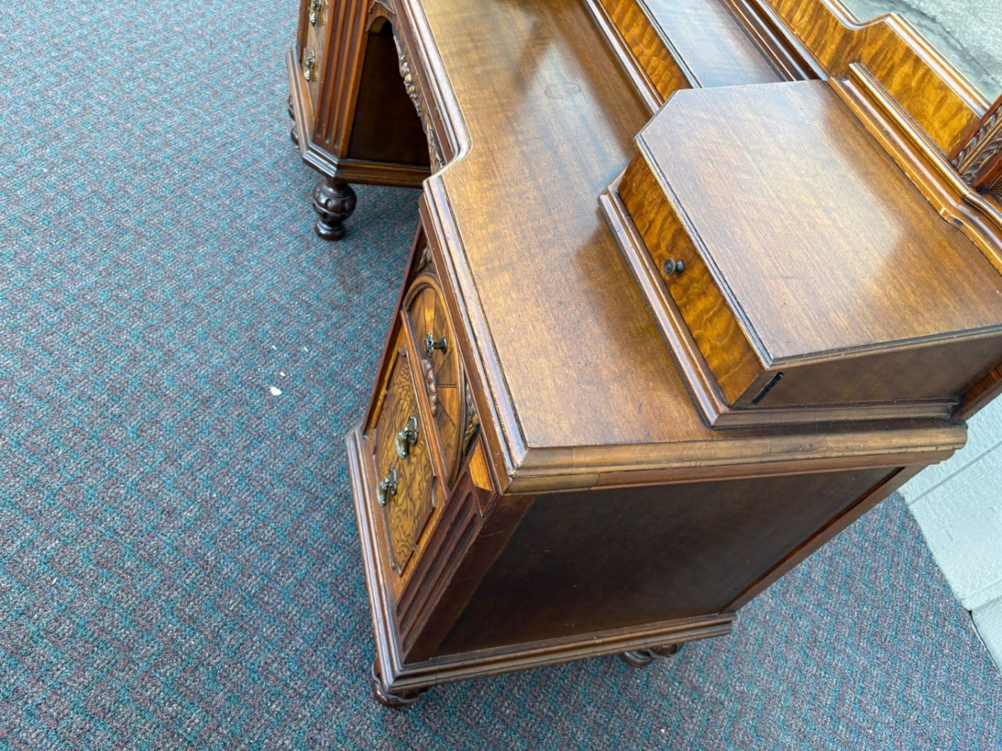 67476  Antique Walnut Vanity with Mirror, Ornate Carving and Drawers