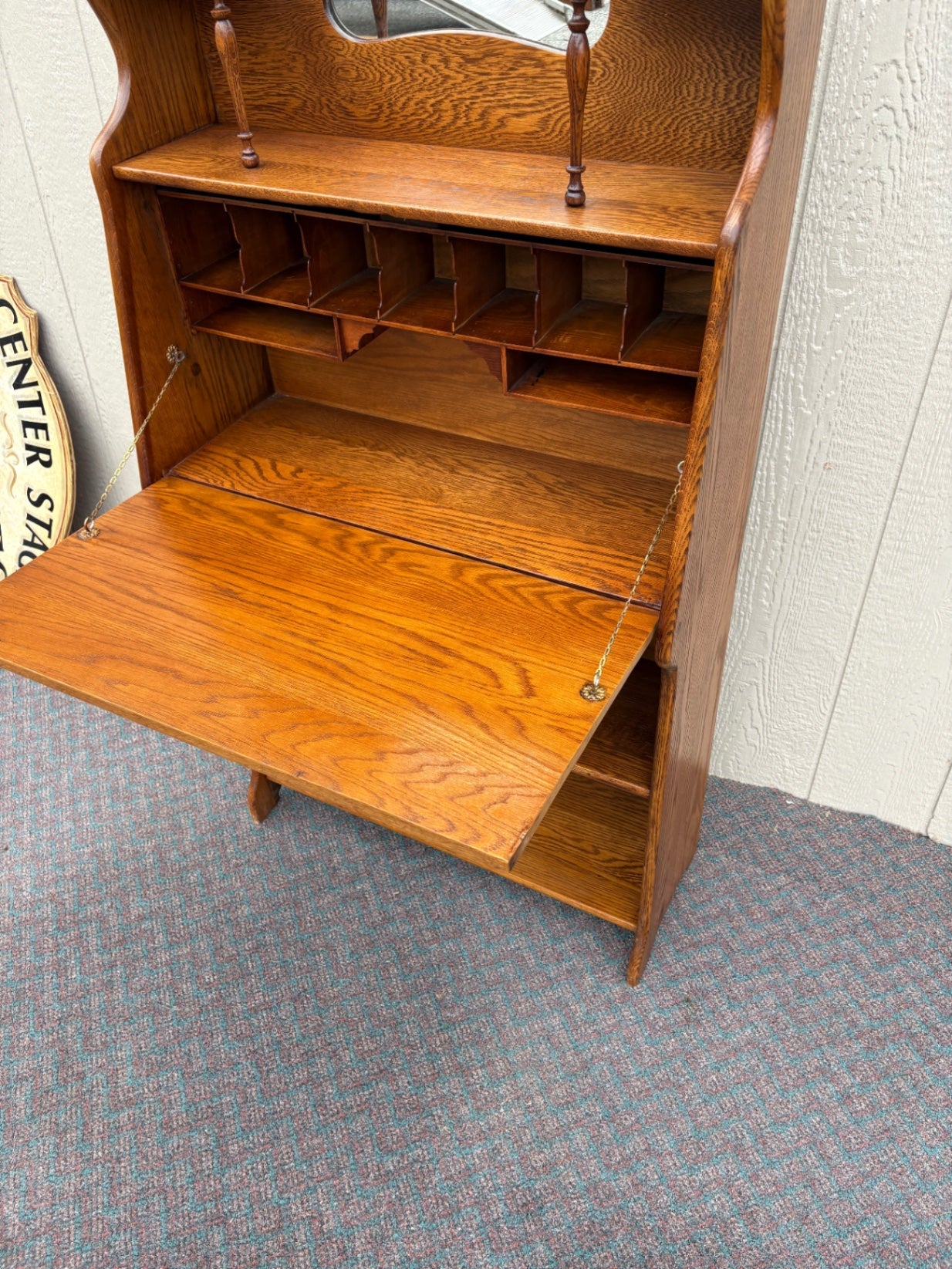 67826 Antique Oak Larkin Desk with Mirror and Shelving, Early 1900s