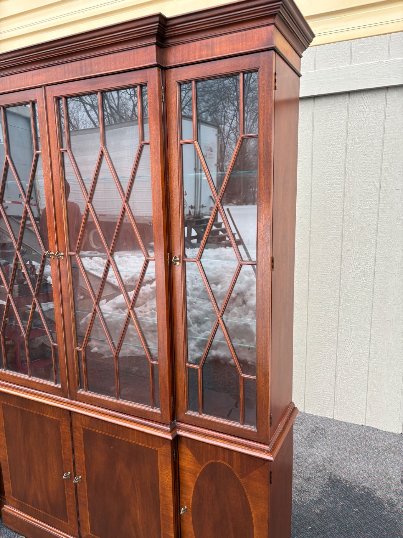 Baker Mahogany Breakfront China Cabinet with Glass Doors