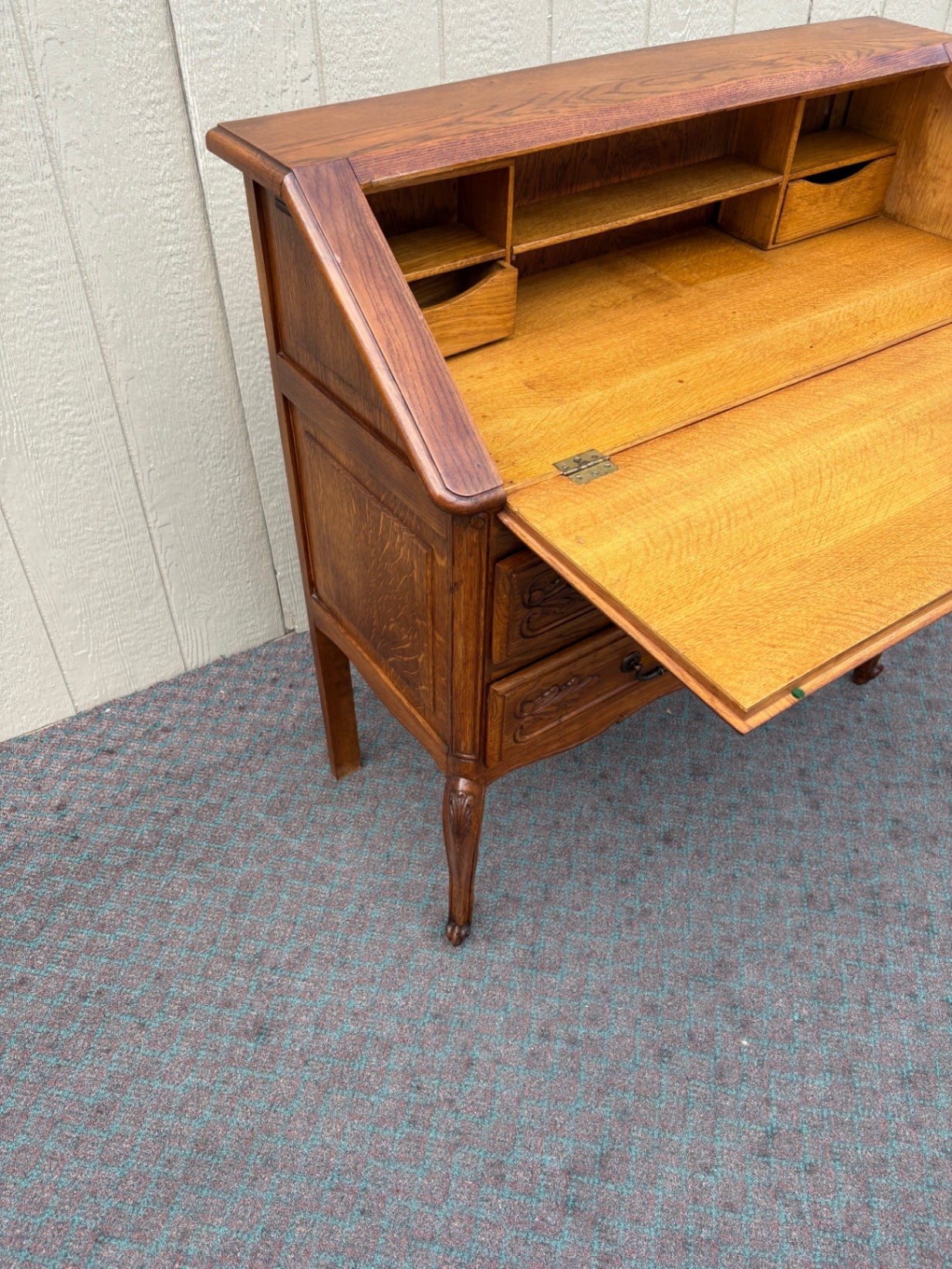 68097 Vintage French Provincial Oak Slant Front Desk with Carved Details
