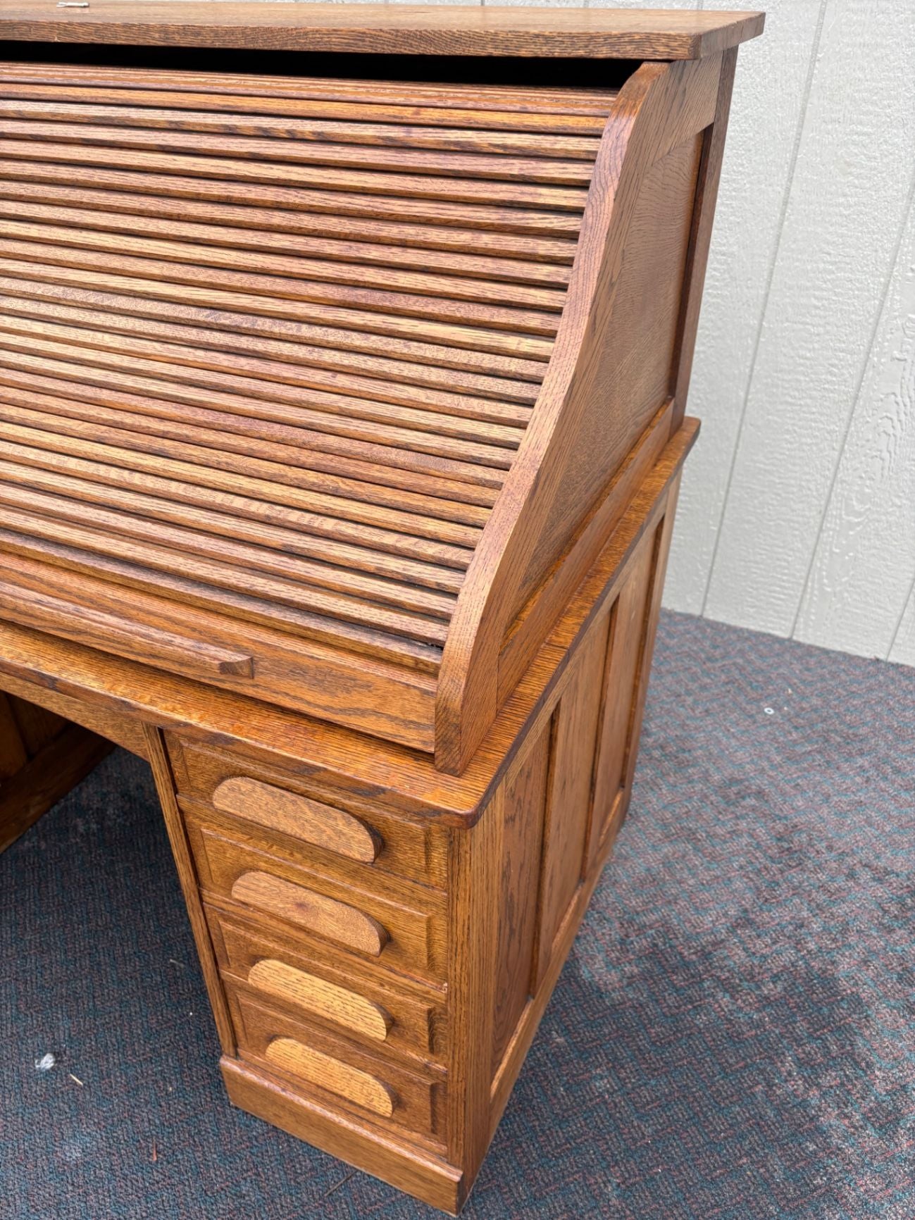 67465 Antique Oak Roll Top Desk, Early 1900s, Solid Oak