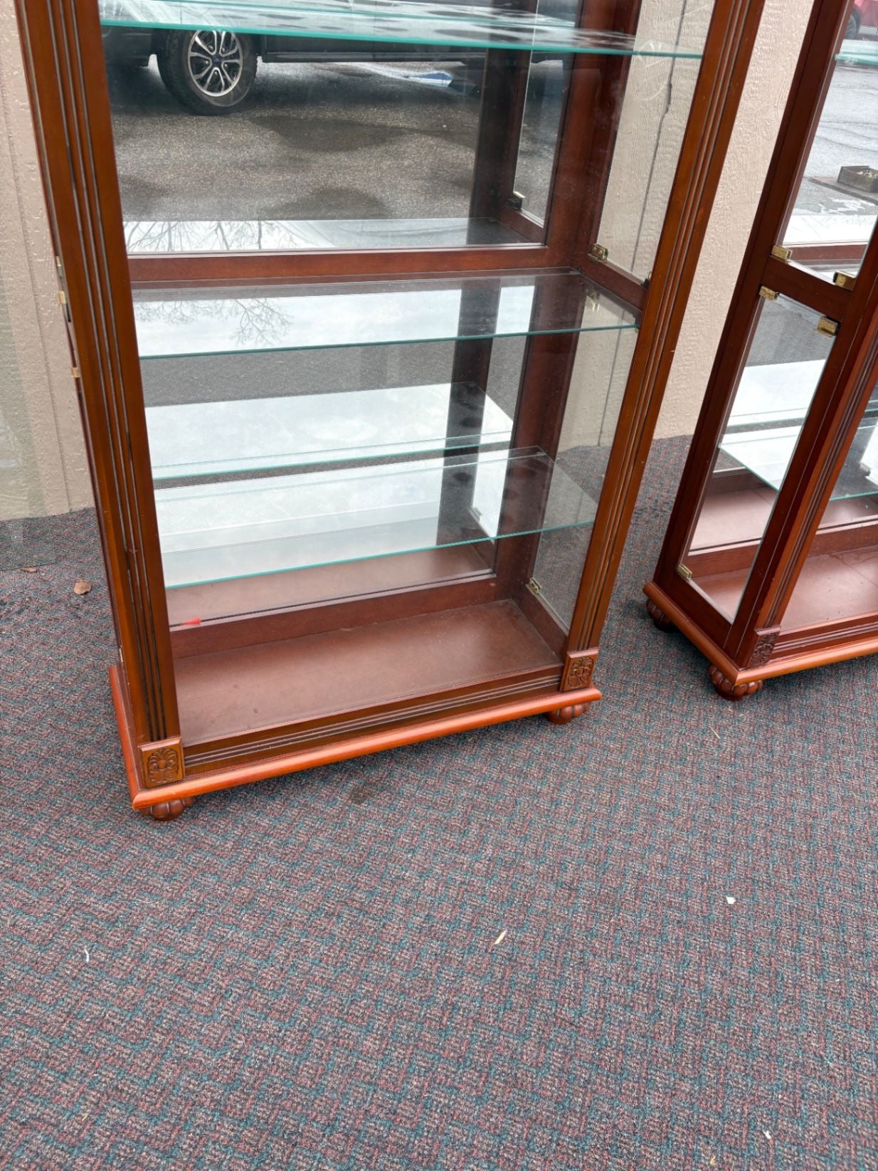 67572 PAIR  of Lighted Etched Glass Curio Cabinets with Wood Frame