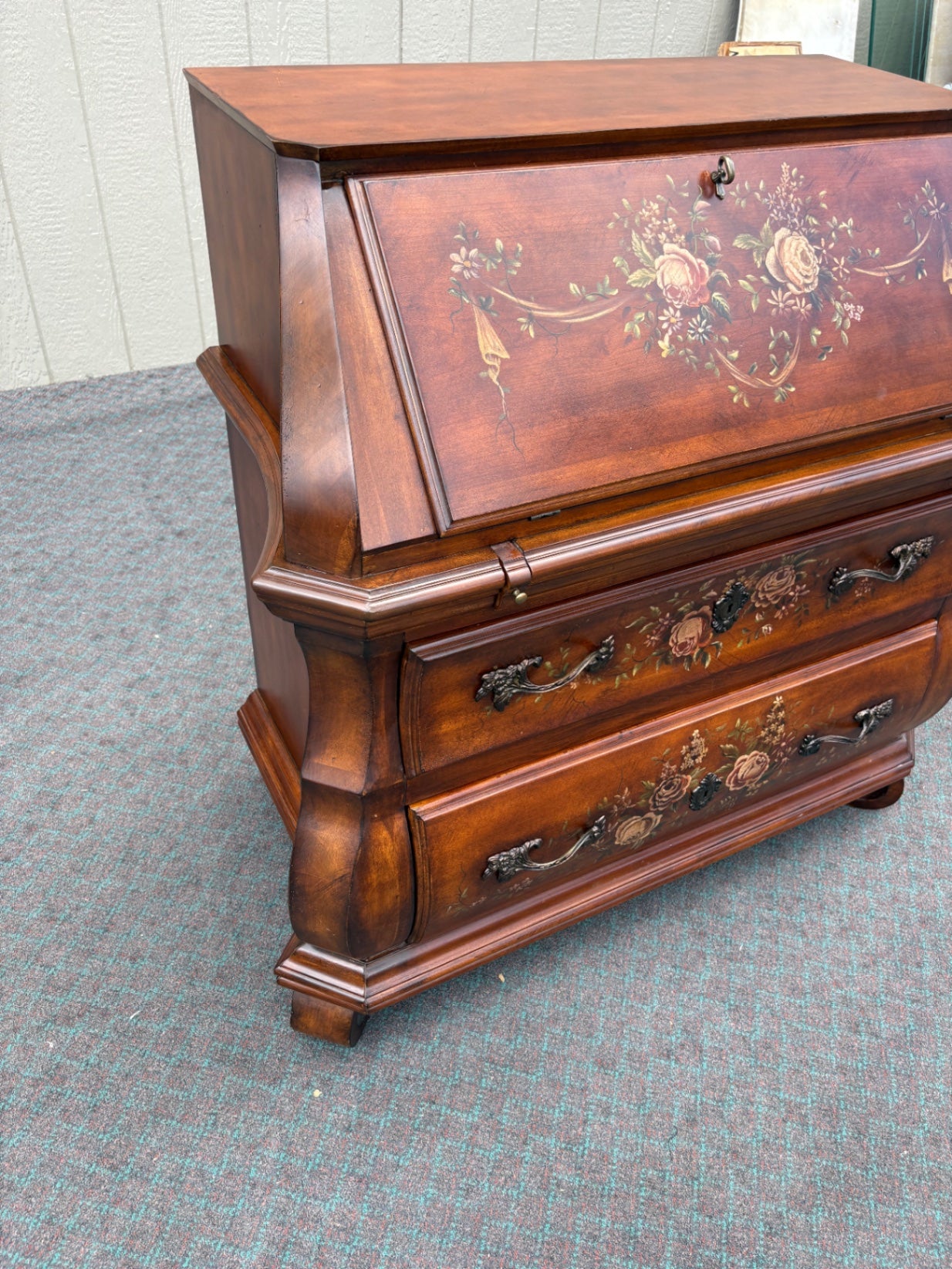 Ethan Allen Hand-Painted Secretary Desk with Hutch, Floral Motif