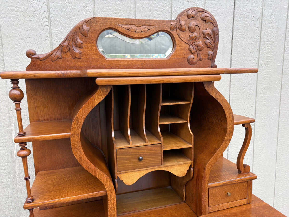 68144 Victorian Oak Davenport Desk with Carved Details and Mirror