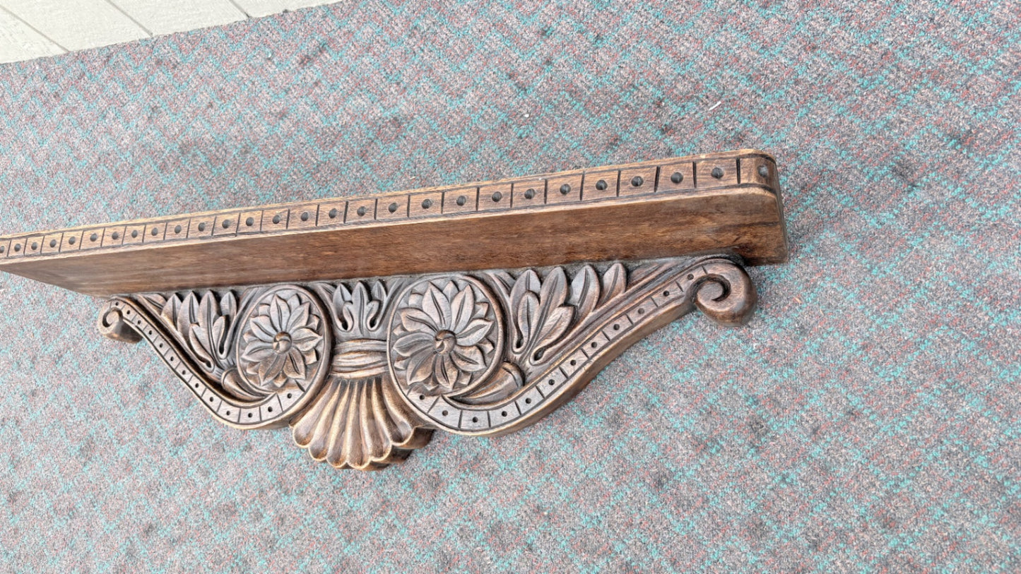 68071 Ornate Carved Oak Wall Shelf with Floral Design