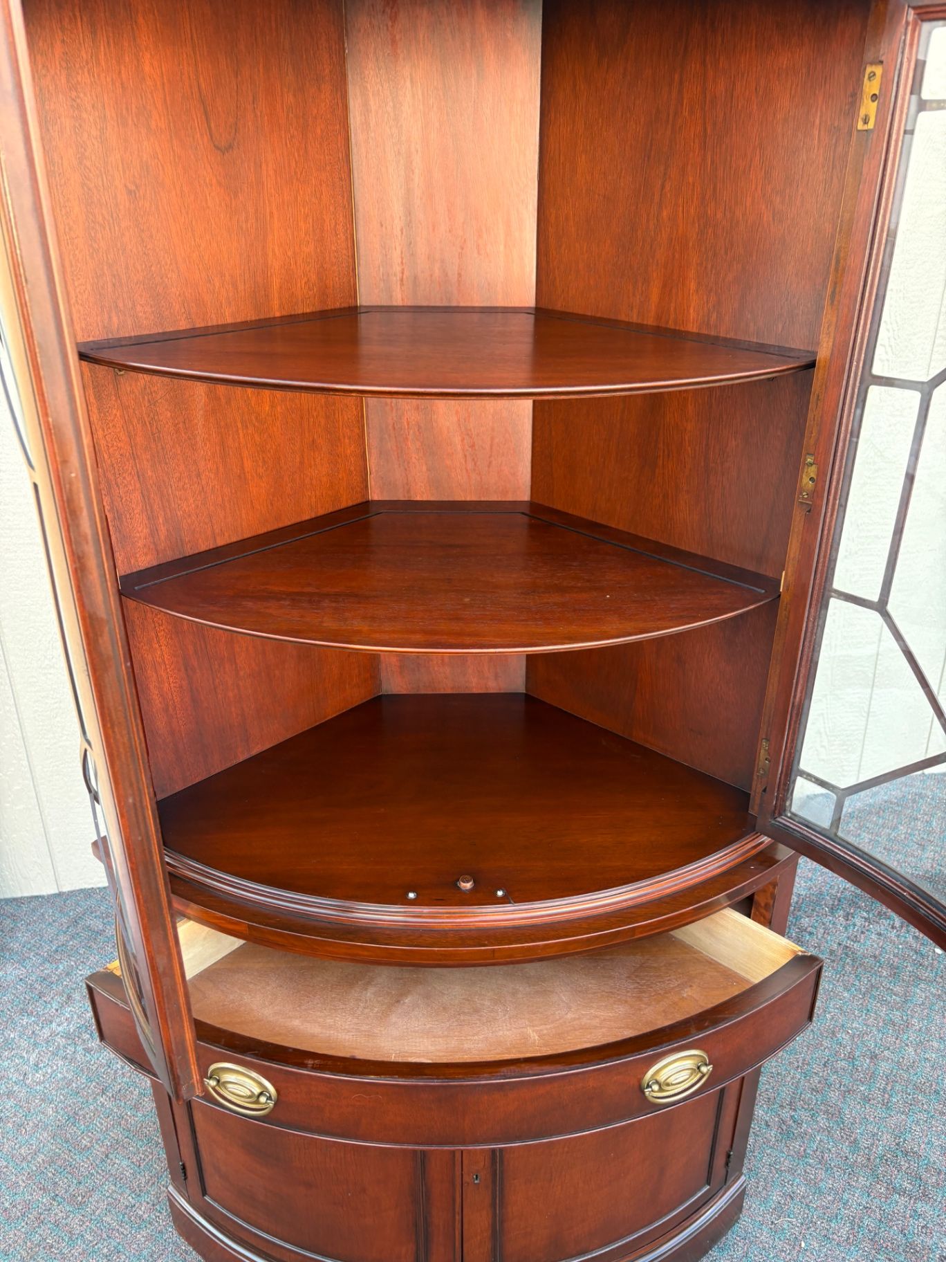 67479  Mahogany Corner Cabinet with Glass Doors and Brass Hardware