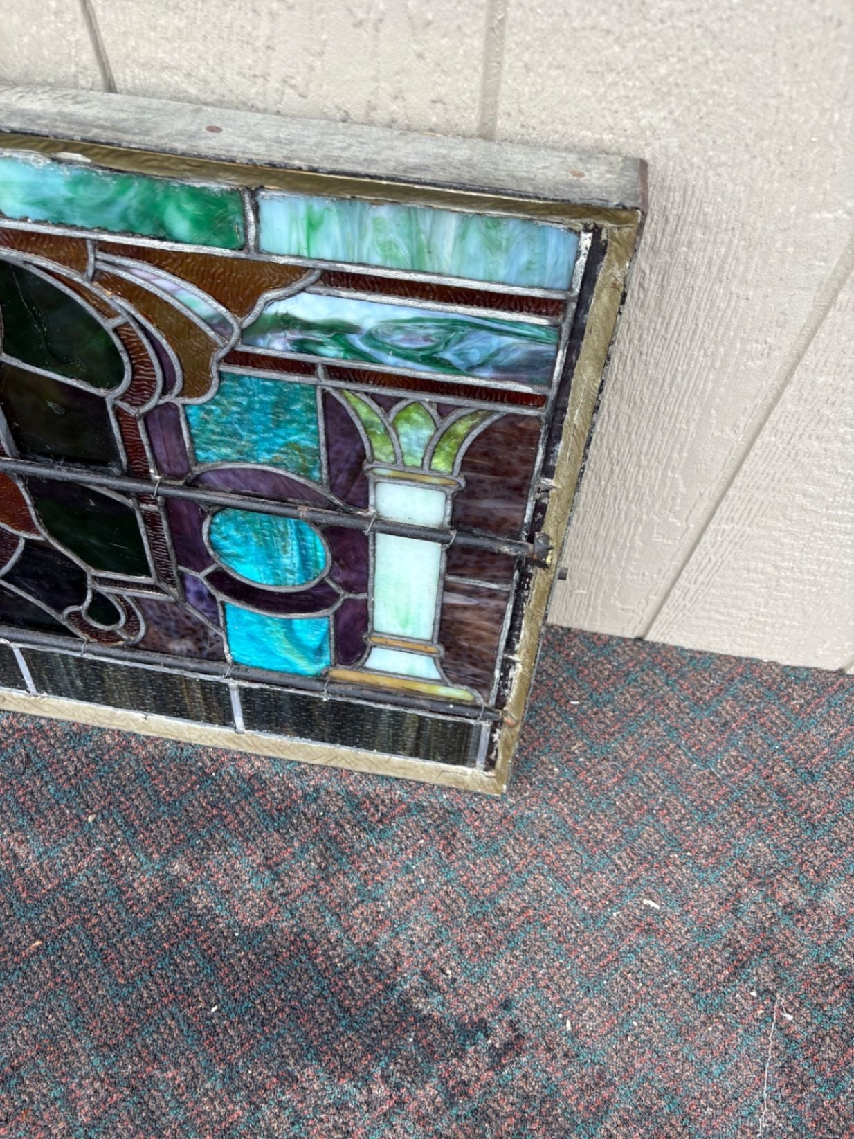 67487 Antique Art Nouveau Stained Glass Window with Floral Motif