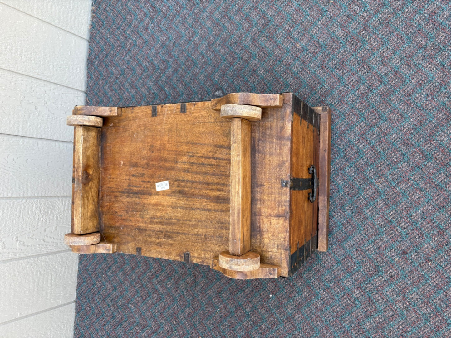 67771  Vintage PIER 1  Wooden Trunk on Wheels with Metal Accents