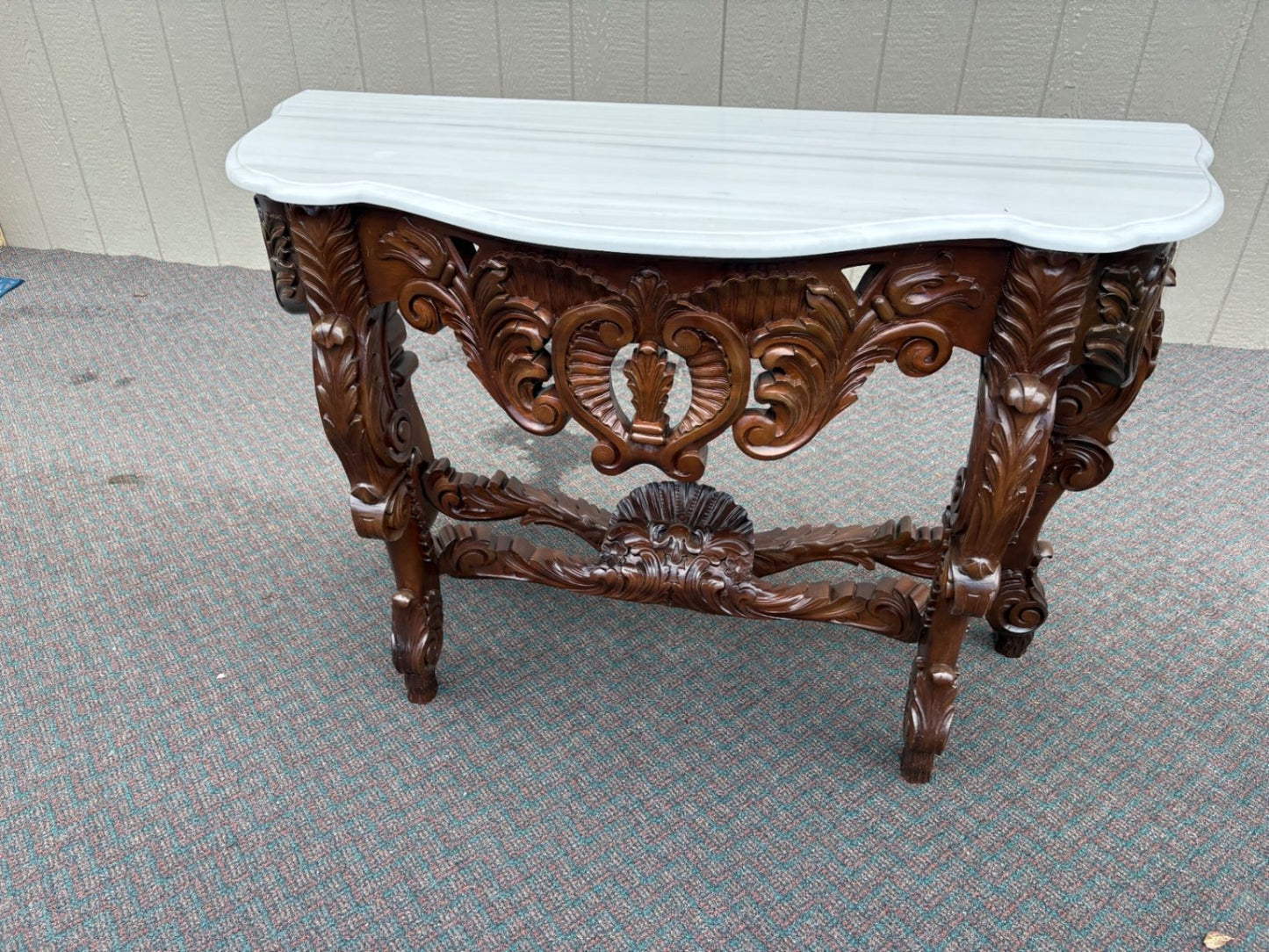 67574 Solid Mahogany  Marble Top Console Table with Ornate Mirror