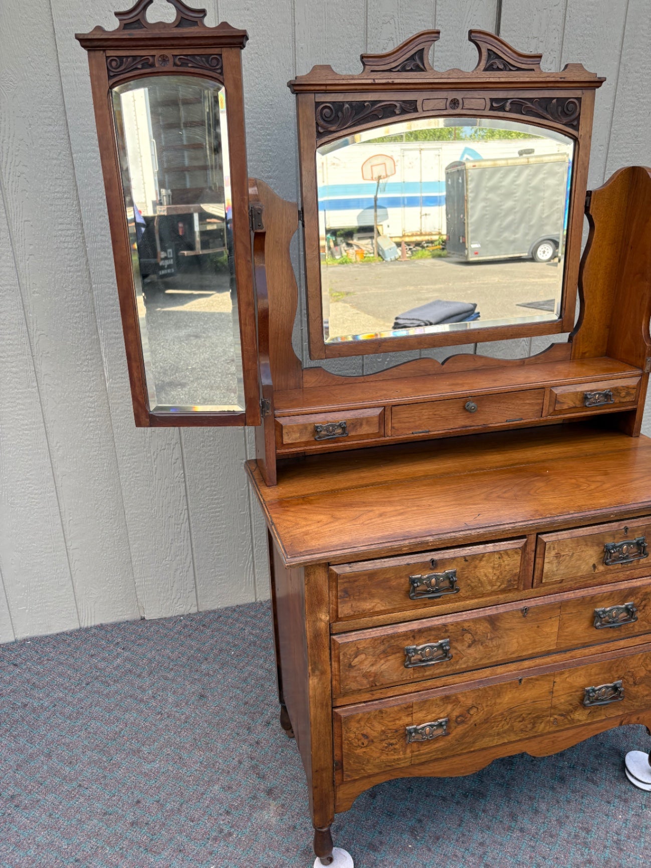 67938  Antique English Vanity Dresser with Triptych Mirror in Walnut