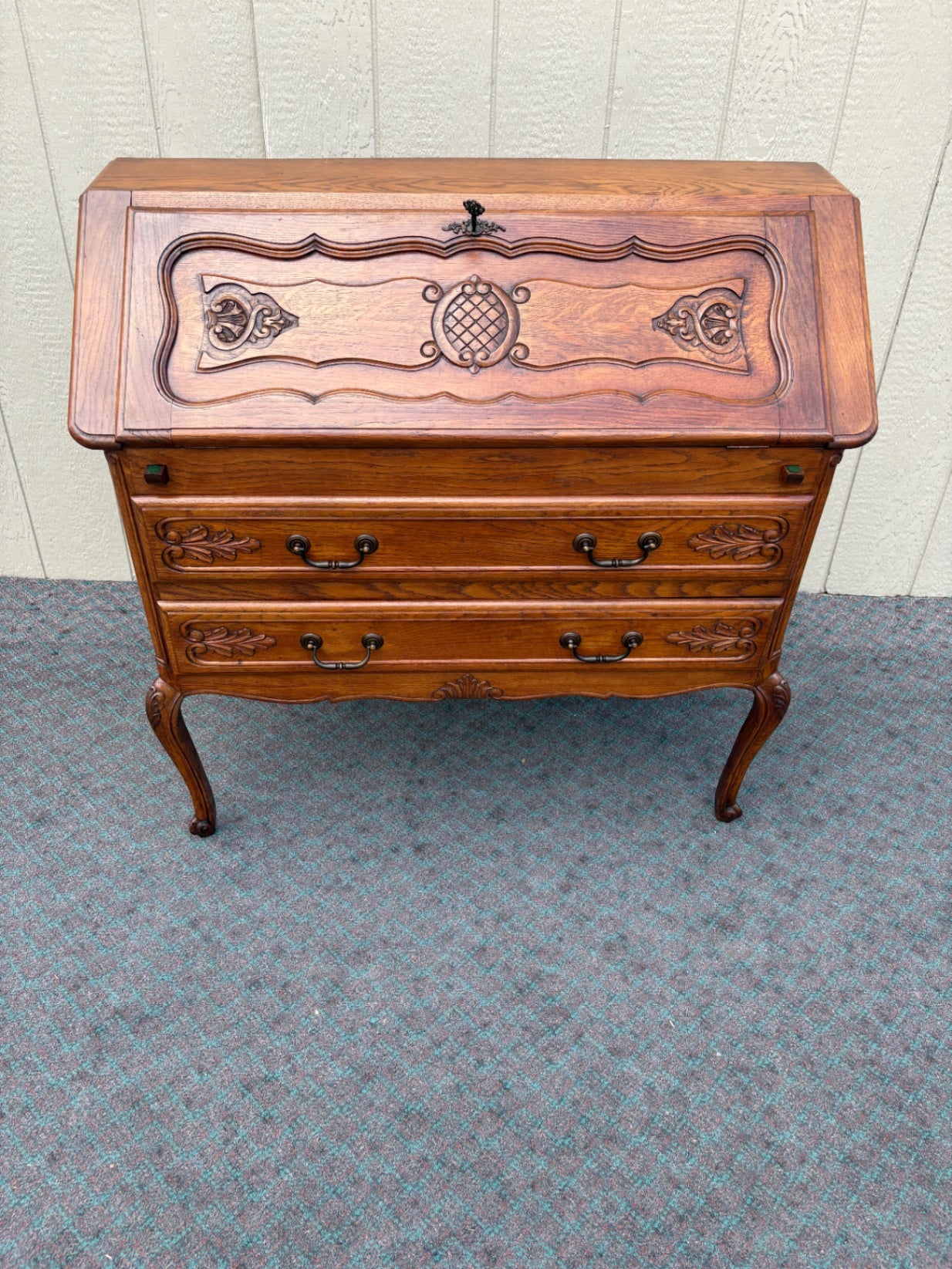68097 Vintage French Provincial Oak Slant Front Desk with Carved Details
