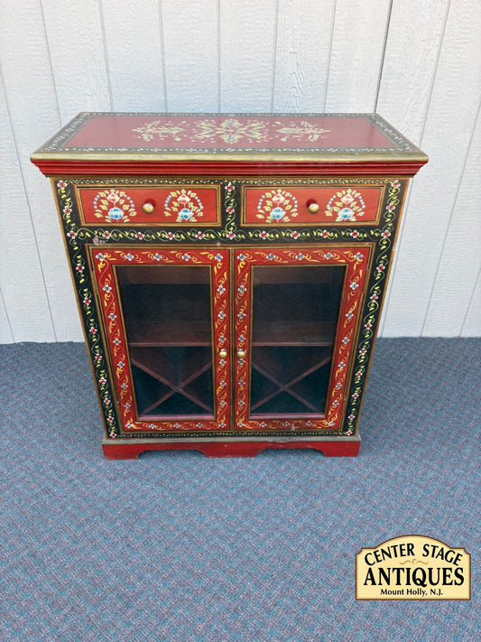 67610 Hand-Painted Pier 1 Wine Cabinet with Floral Motif and Glass Doors
