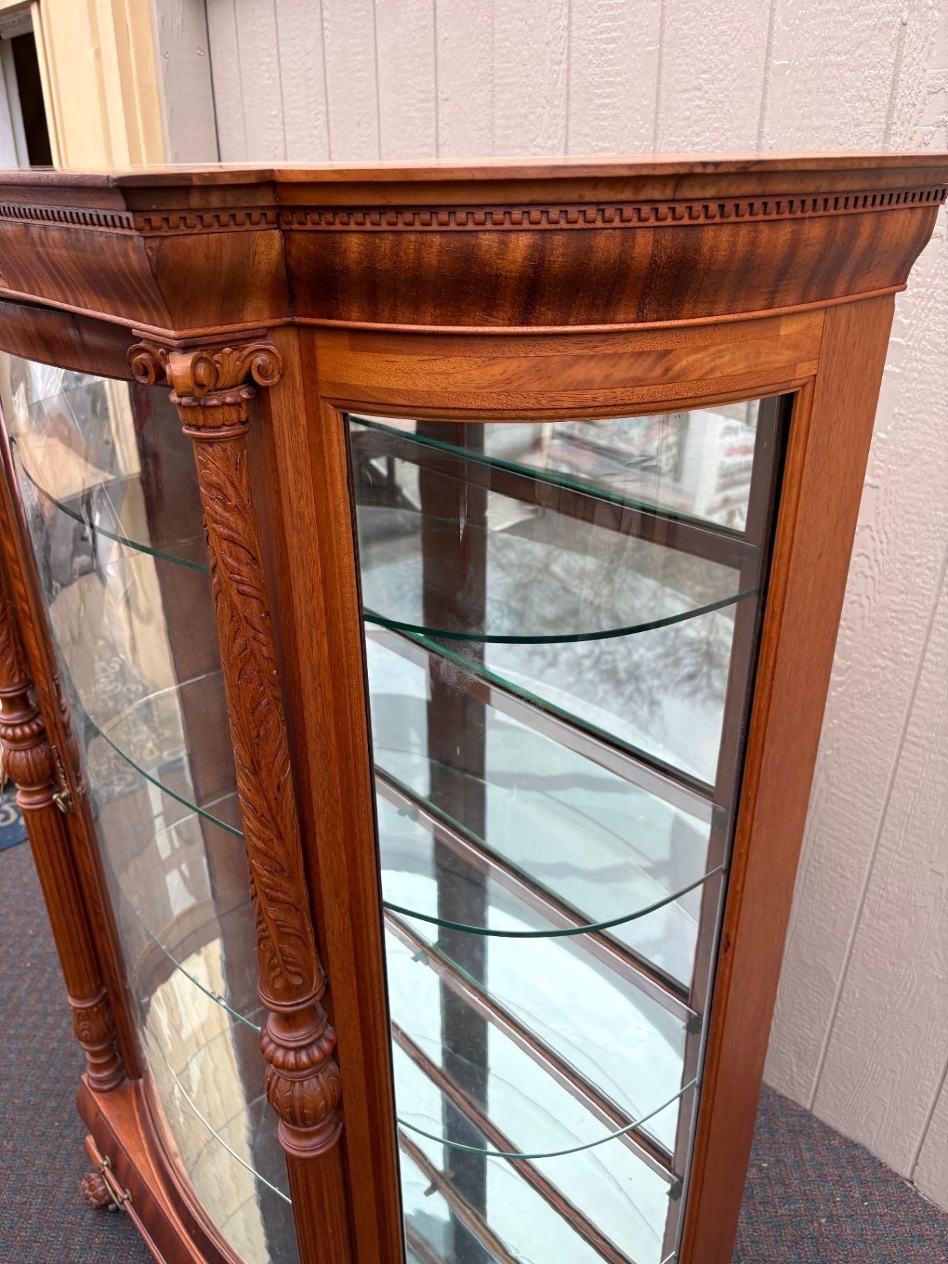 67624 Victorian Mahogany Bow Front Glass China Cabinet with Claw Feet