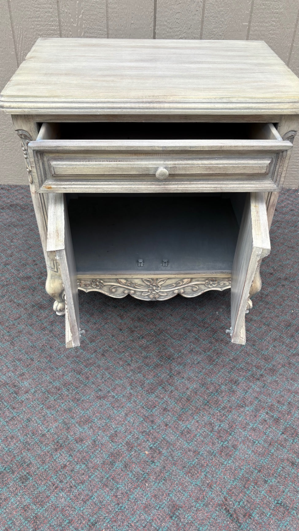 68068 French Provincial Nightstand with Carved Details and Distressed Finish