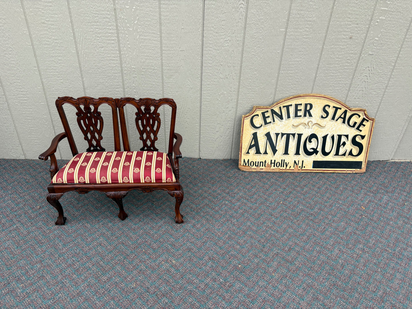 67699 Miniature Chippendale Loveseat with Carved Mahogany and Upholstery